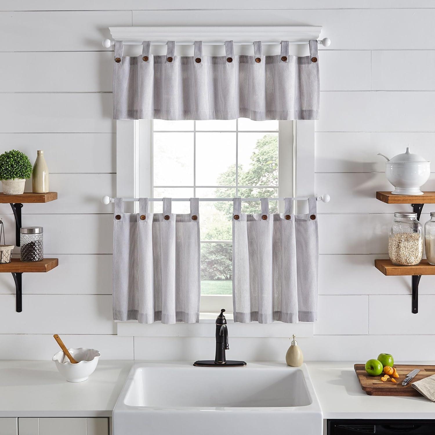 Gracie Oaks Liviana Striped Cotton Tailored 30'' W Kitchen Curtain (Set of 2)