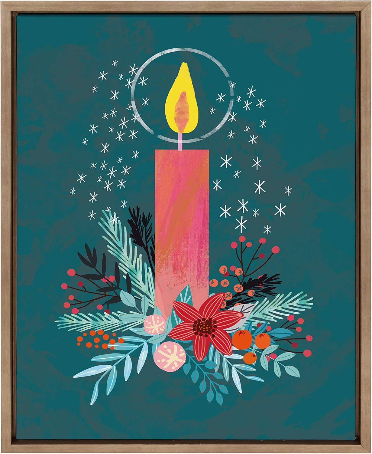 Holiday Candle Framed Canvas Art with Botanical Motif, 18x24, Gold Frame