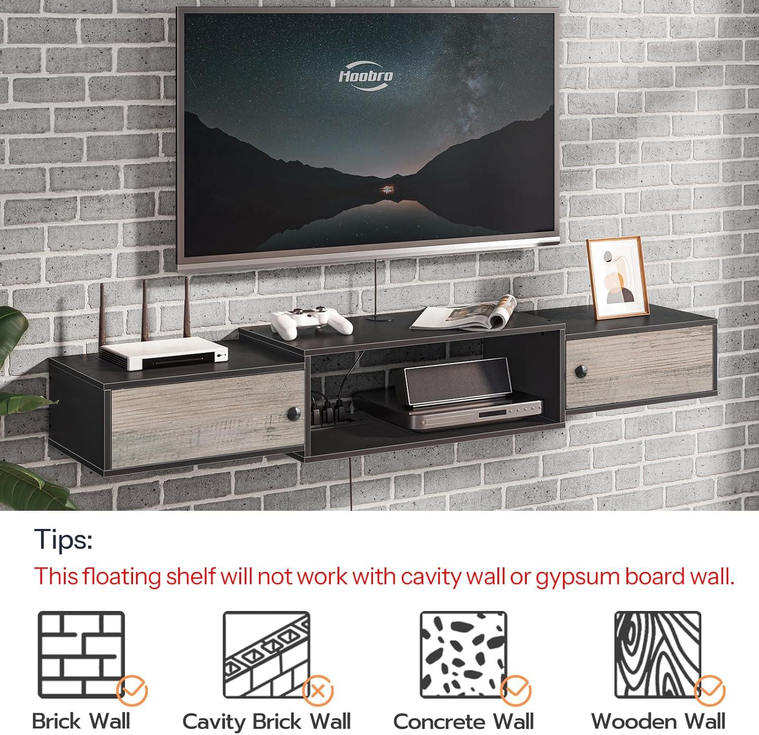 Floating TV Stand with Power Outlet 55", Modern Wall Mounted Media Console Shelf Cabinet for Under TV Storage, Entertainment Center, Living Room, Bedroom, Rustic Brown and Black BF11DS01