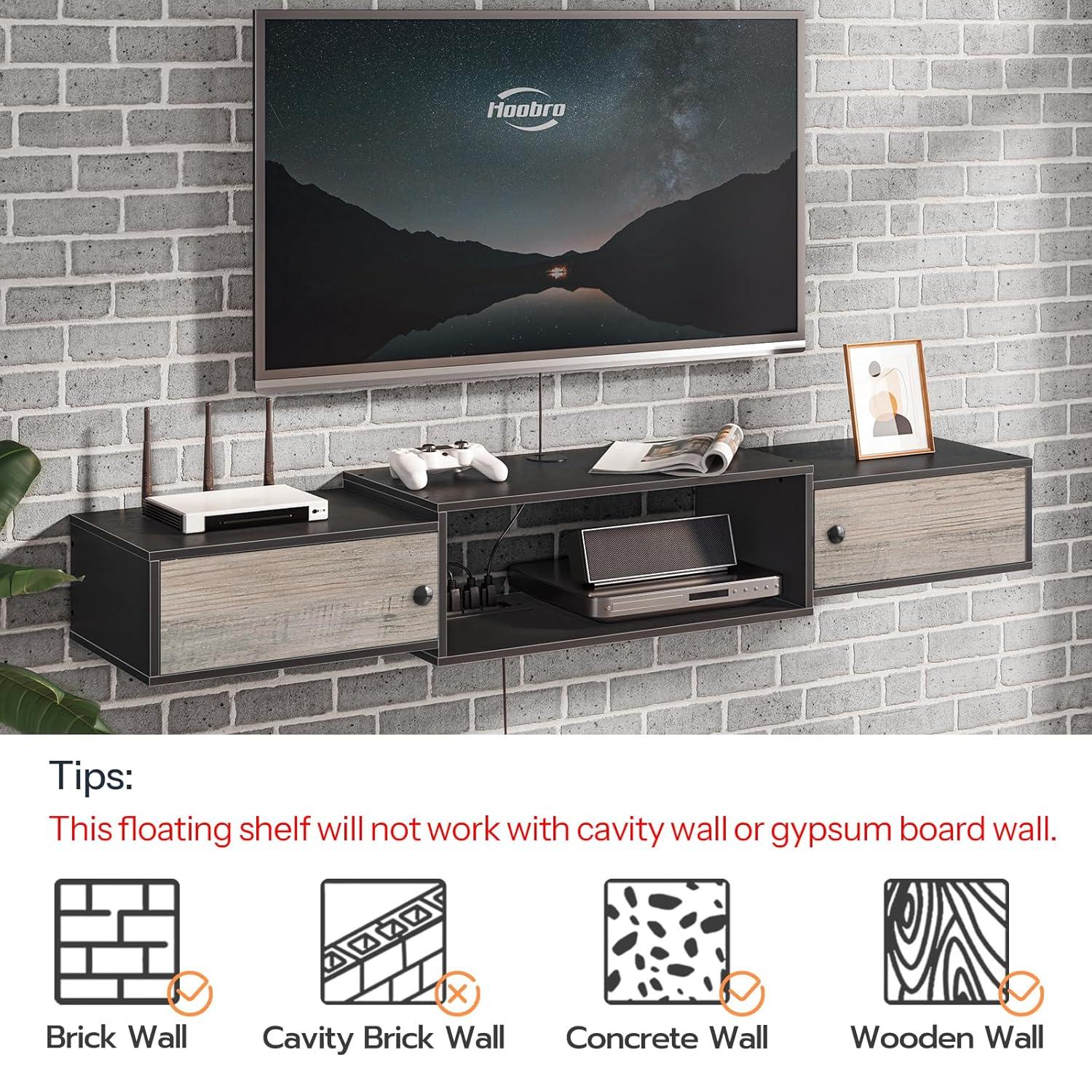 Floating TV Stand with Power Outlet 55", Modern Wall Mounted Media Console Shelf Cabinet for Under TV Storage, Entertainment Center, Living Room, Bedroom, Rustic Brown and Black BF11DS01