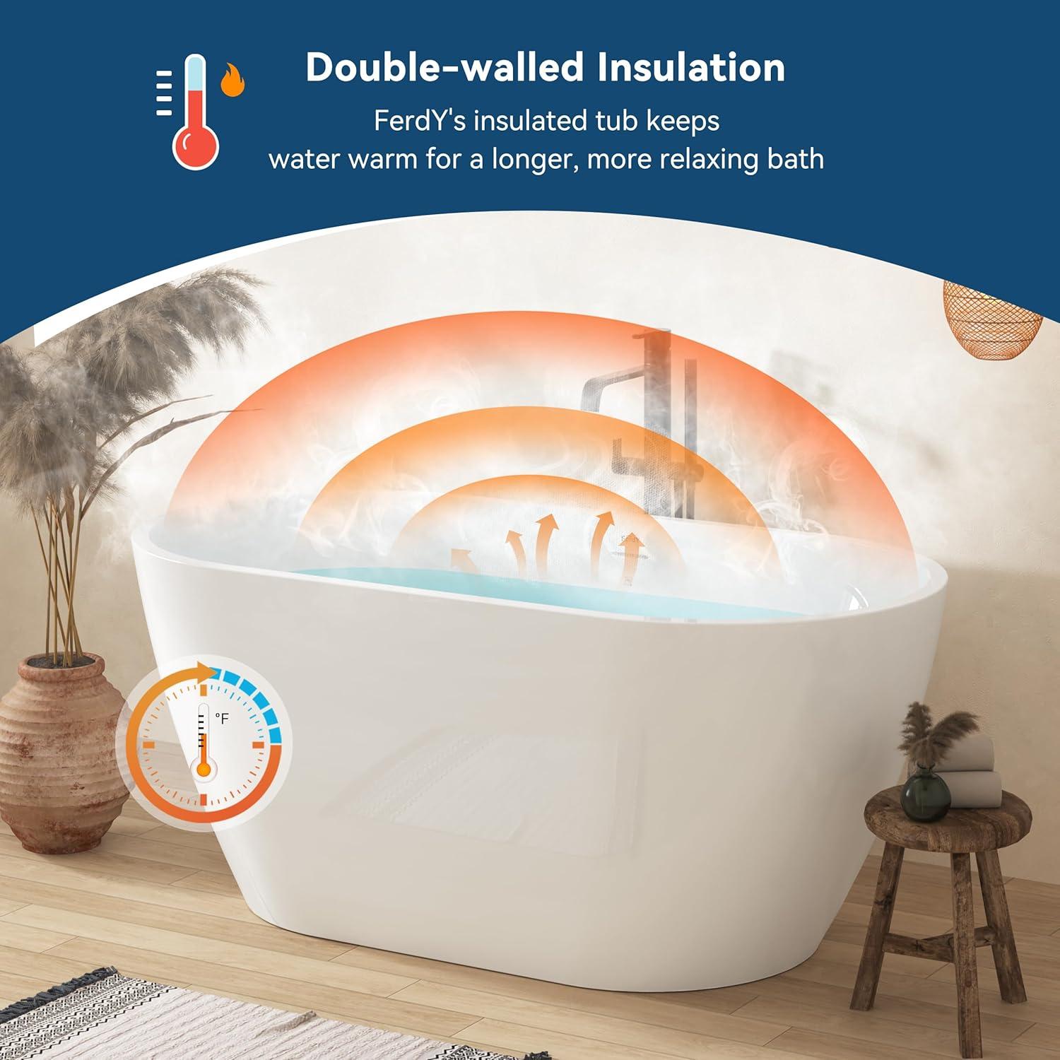 FerdY Bali Freestanding Soaking Acrylic Bathtub with Brushed Nickel Drain FerdY-02538-1400-BN