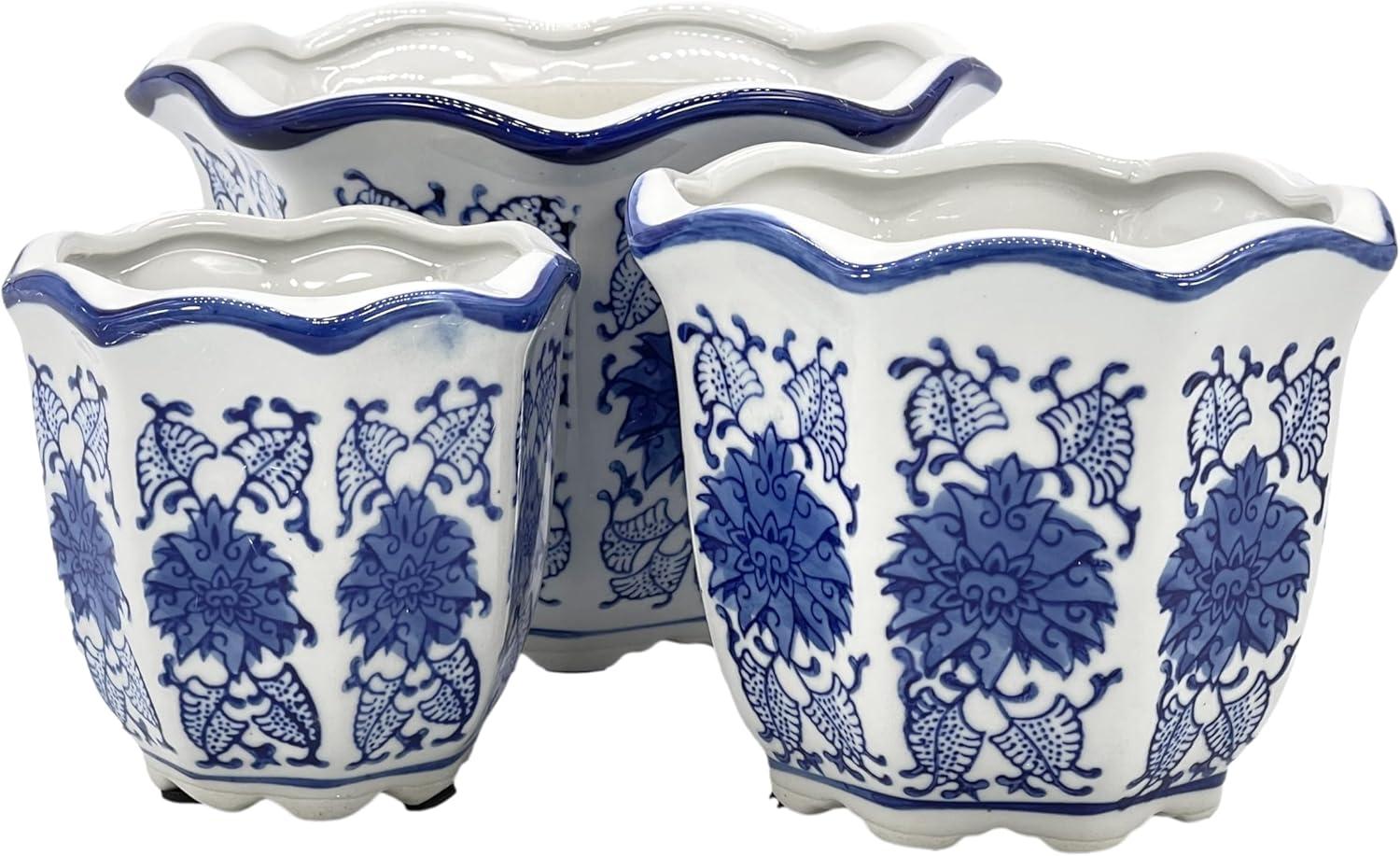 Set of 3 Blue and White Ceramic Floral Planter Pots