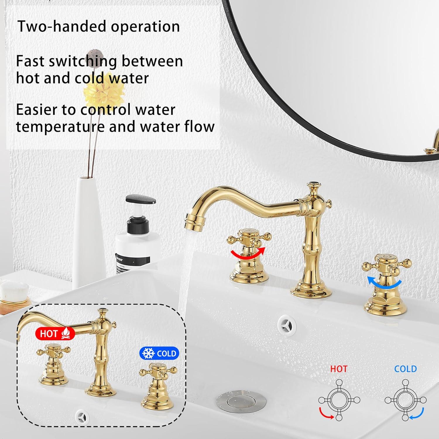 GGStudy 8-16 inch Two Handles 3 Holes Widespread Bathroom Sink Faucet Gold Basin Mixer Tap Faucet Matching Metal Pop Up Drain with Overflow