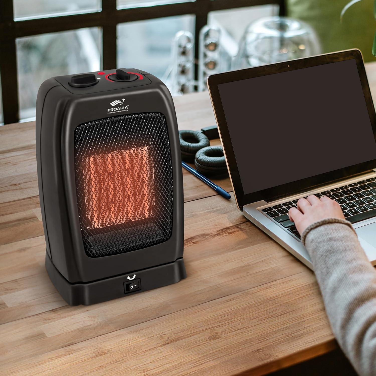 Black Ceramic Electric Space Heater with Thermostat and Safety Features