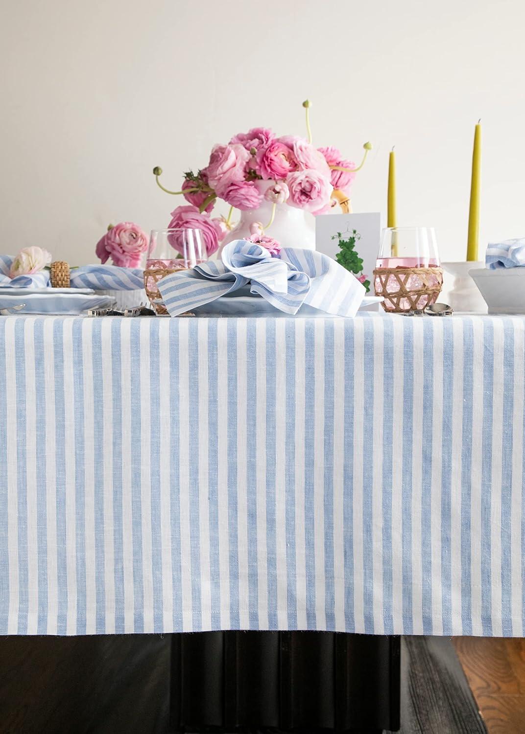 Sky Blue and White Striped Linen Rectangular Tablecloth