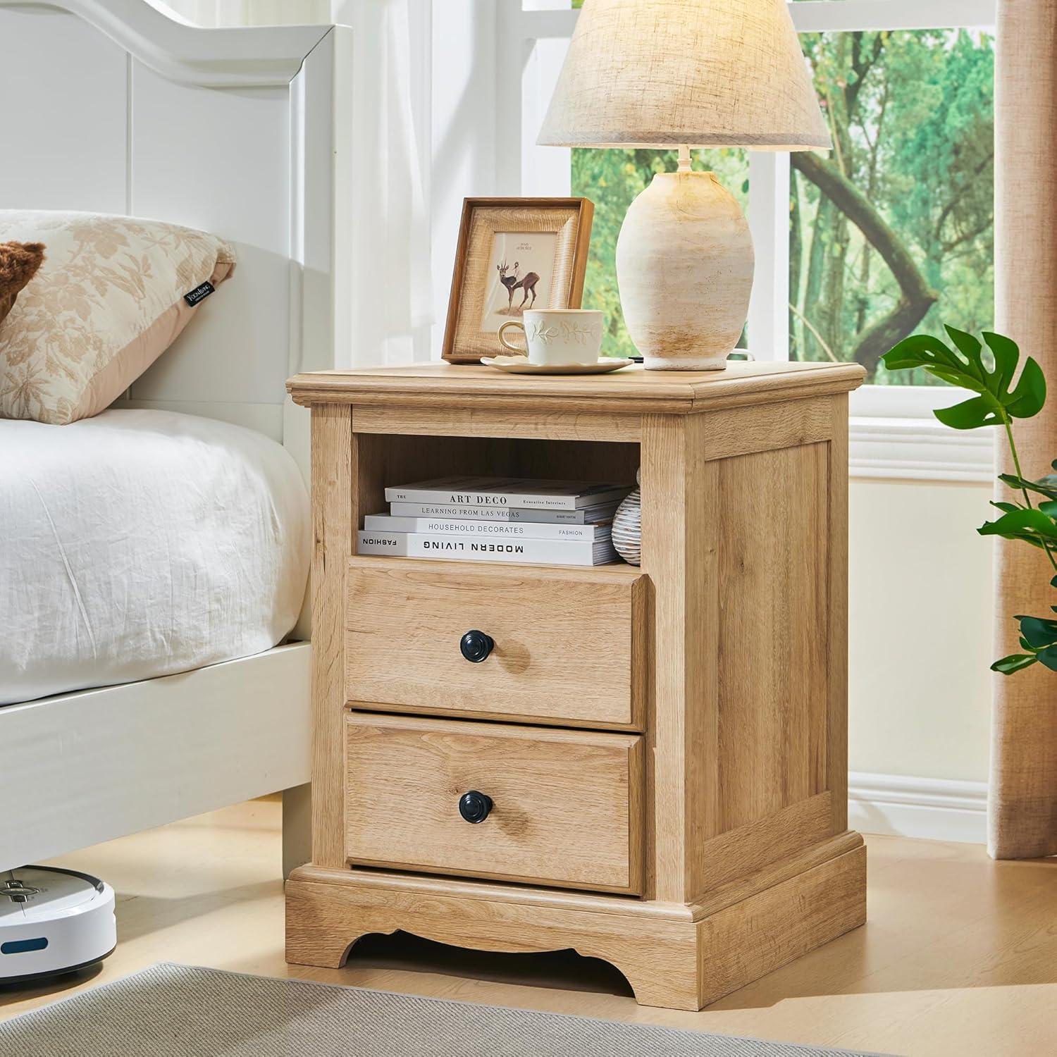 Farideh Wood 2 - Drawers Nightstand, Rustic End Table With Charging Station