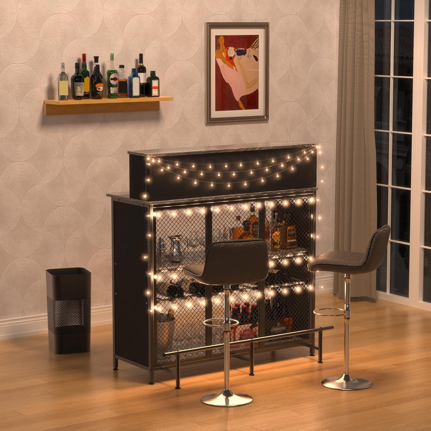 Gray Metal and Wood Home Bar Cabinet with Storage and Footrest