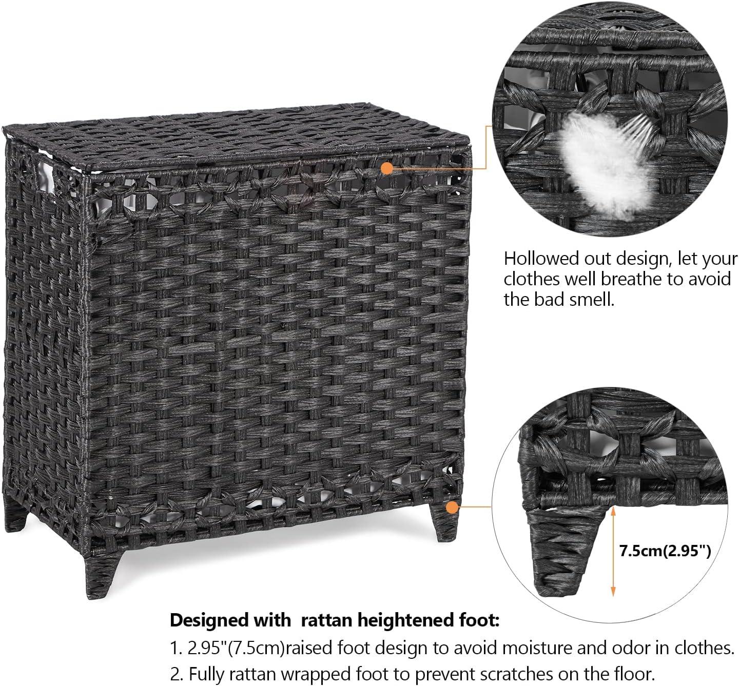 Black Wicker Laundry Hamper with Removable Liner Bags