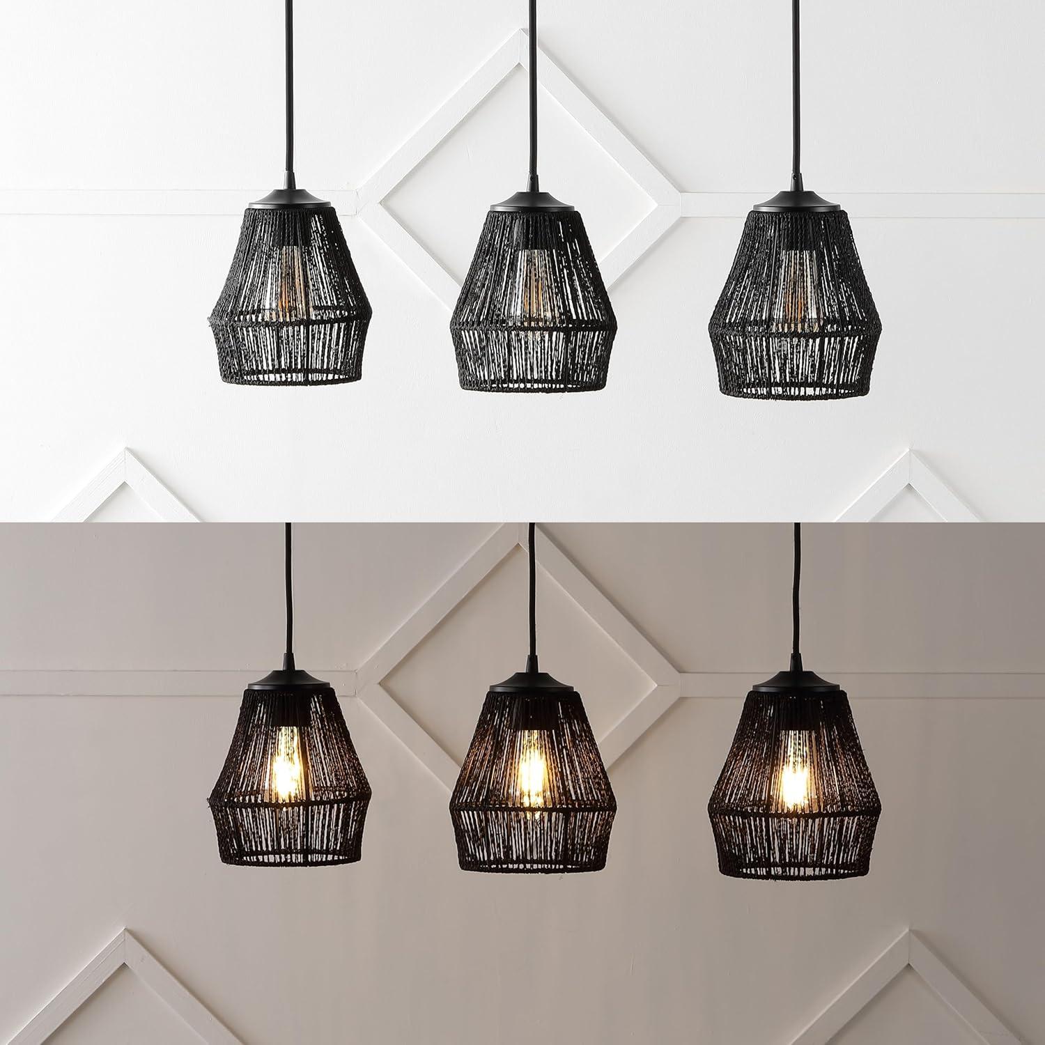30" 3-Light Ibiza Island Woven Rope/Metal Bohemian Coastal Linear Pendant (Includes LED Light Bulb) Black - JONATHAN Y