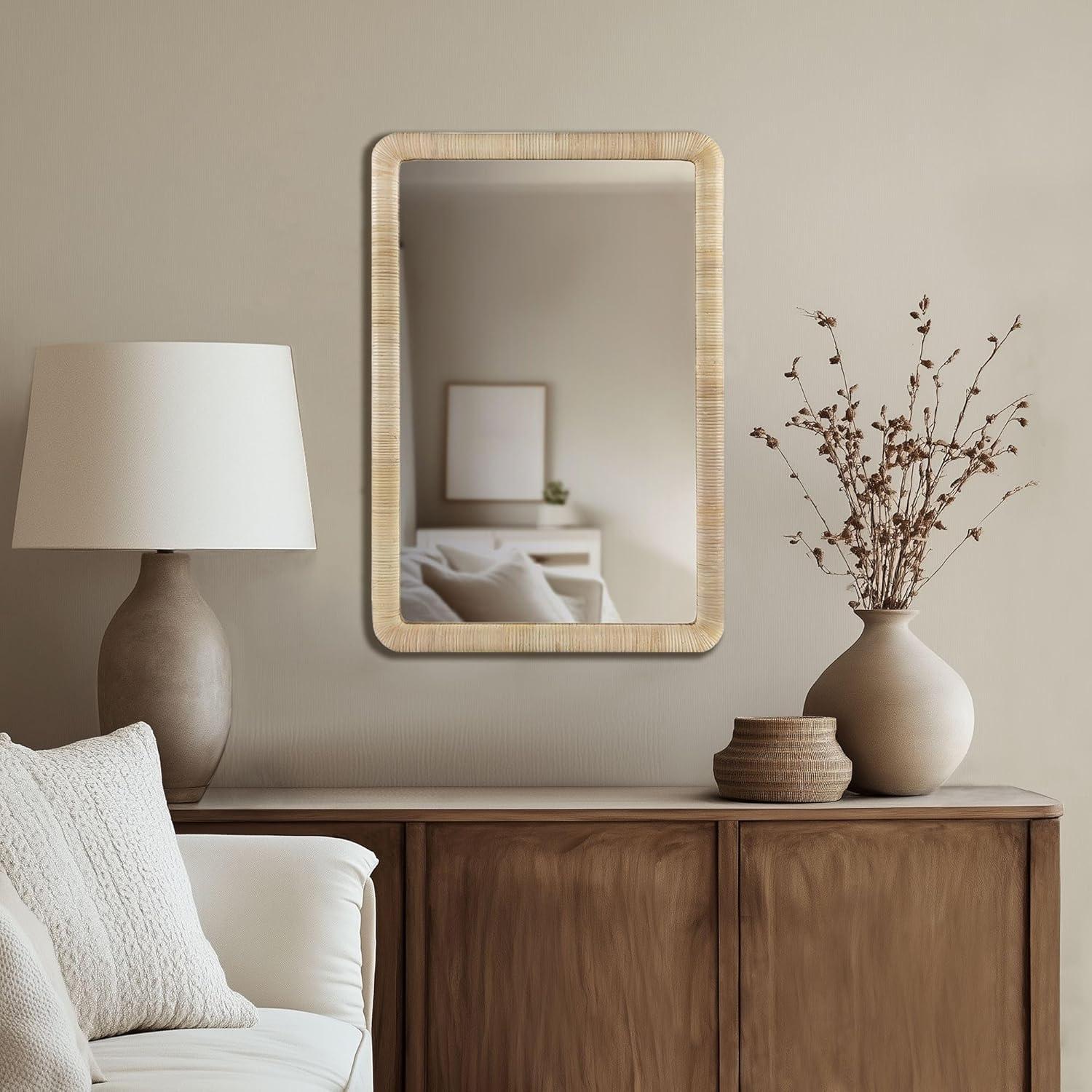 Nova Natural Rattan Rectangle Wall Mirror - Ink+Ivy: Modern Style, Polystyrene Frame, Wall Mount