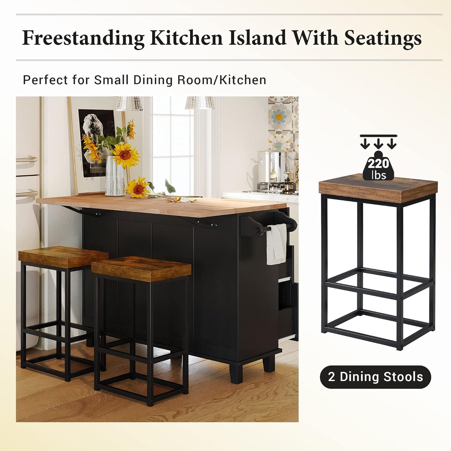 Harper & Bright Designs Kitchen Island Set with 2 Seatings and Drop Leaf, Farmhouse Dining Table Set with Storage Cabinet, Drawers and Towel Rack, Black