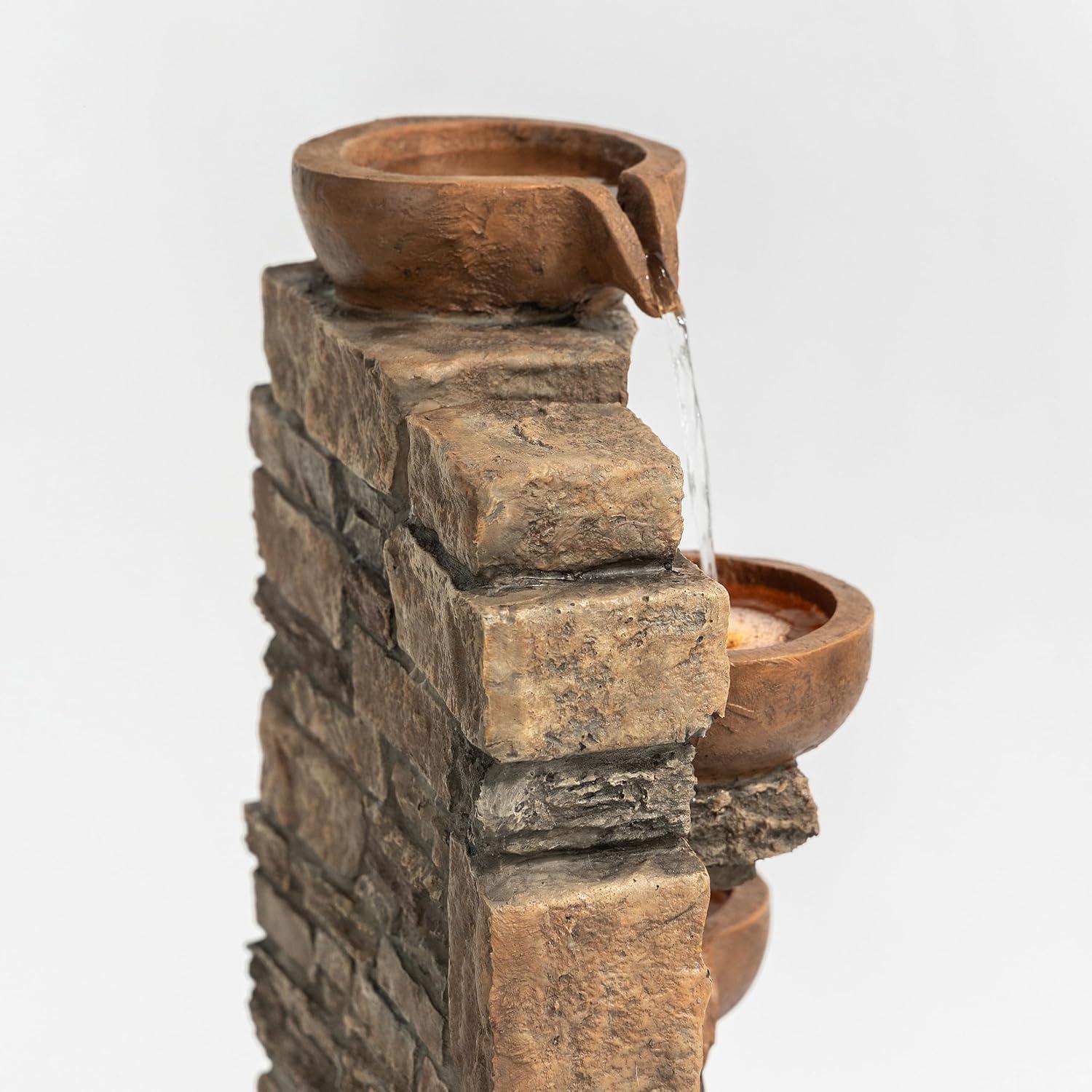 Teamson Home 33.27" Polyresin Cascading Bowls & Stacked Stones LED Fountain: Rust-Resistant, Electric Pump, Ground Freestanding