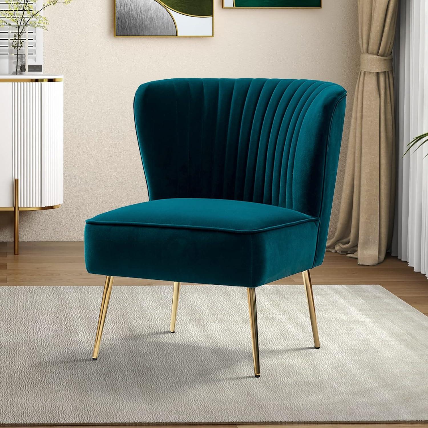 Velvet Upholstered Side Chair Armless Tufted Wingback Metal Legs Dining Living Bedroom Adult Teal