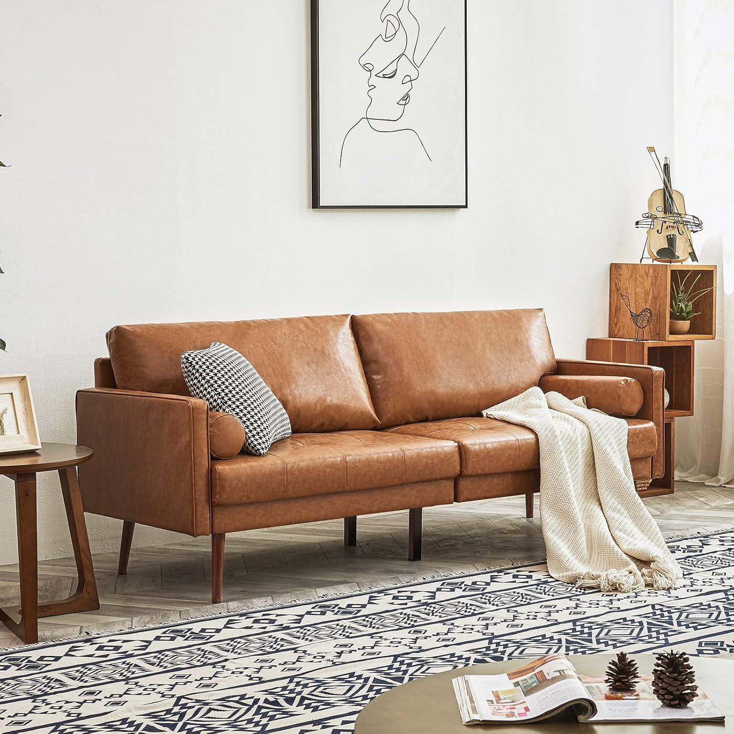 Elegant Cognac Tan Faux Leather Mid-Century 3-Seater Sofa