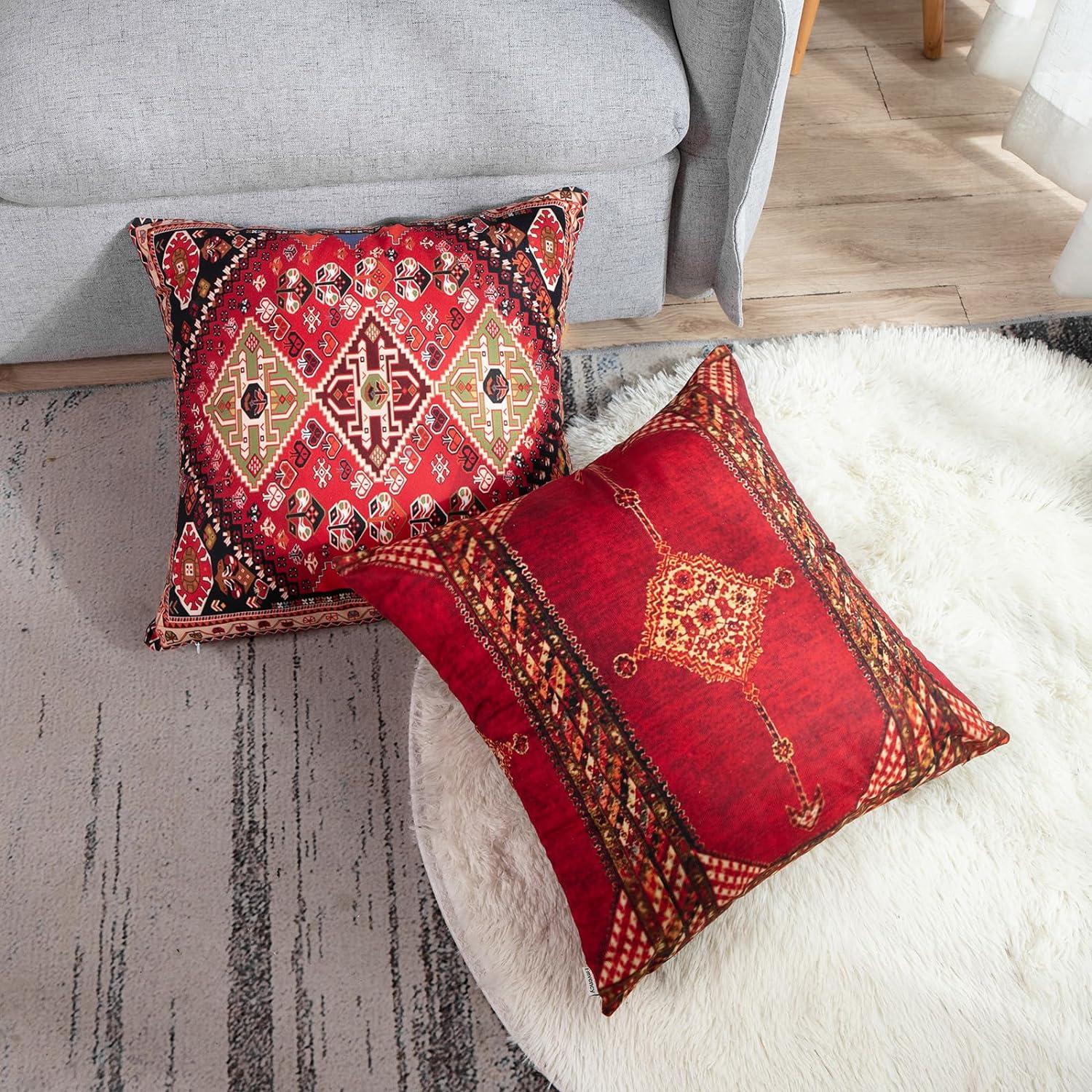 Throw Pillow Covers Geometric Home Decor Set of 4 Oriental Ikat Pillow Cases Decorative 20 x 20 Inches Cushion Couch Sofa Pillowcases Colorful Red Tribal