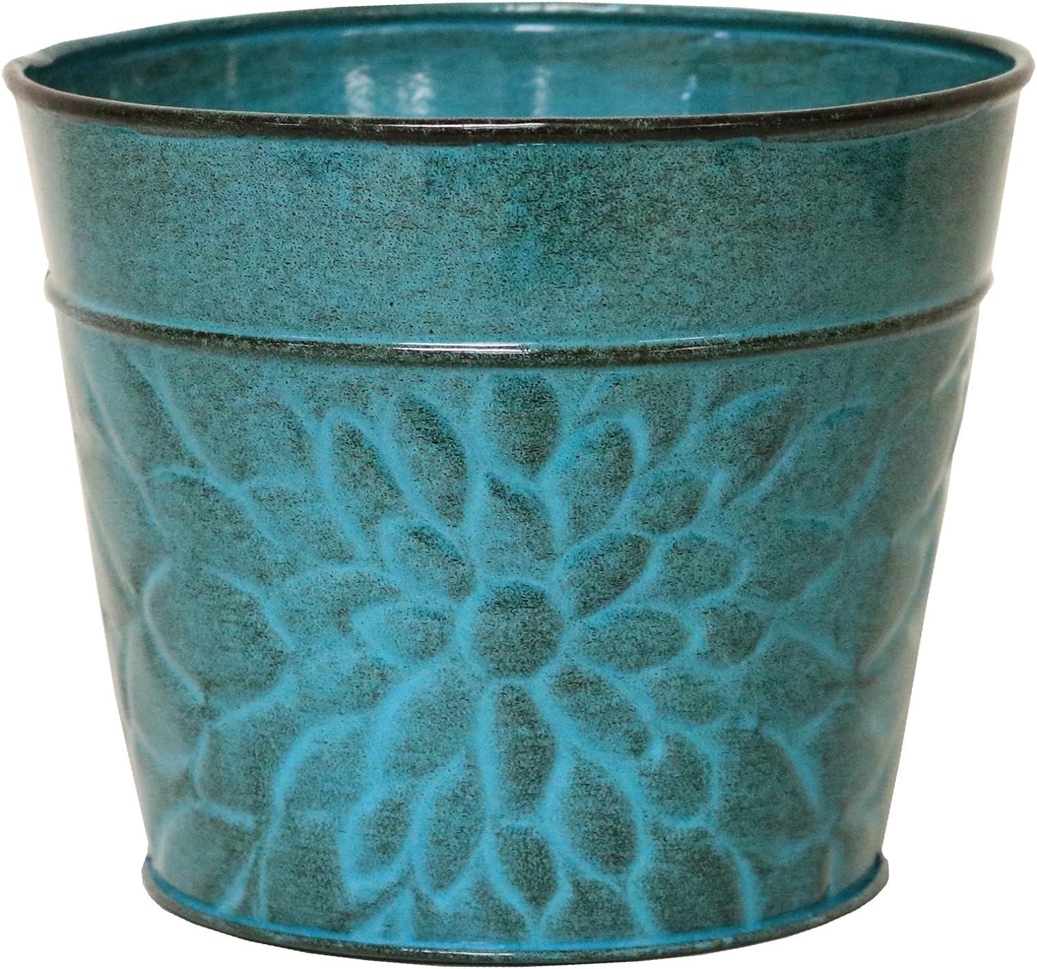 Lagoon Blue Metal Floral Design Planter Pot, 8-inch