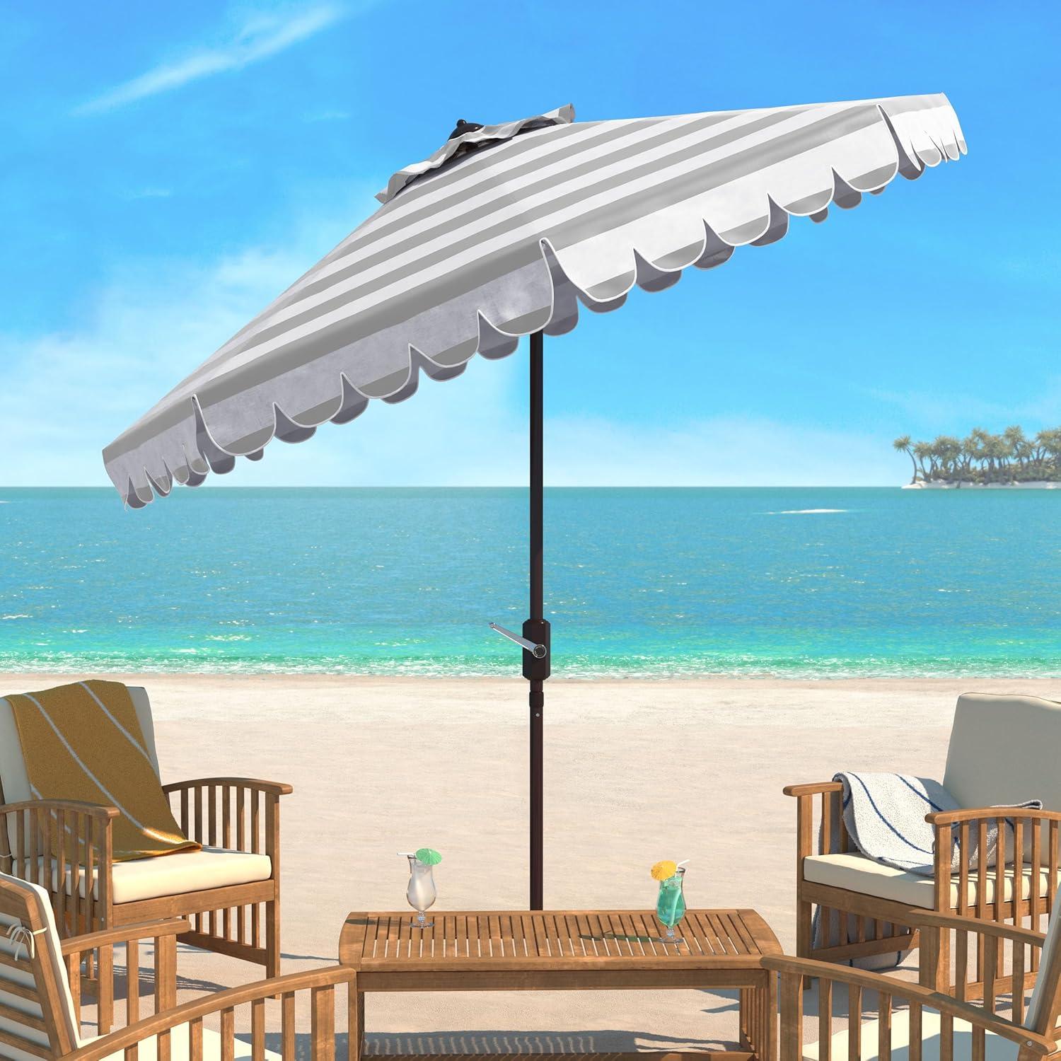 Maui Single Scallop Striped 9Ft Crank Push Button Tilt Umbrella - PAT8011 - Grey/White - Safavieh