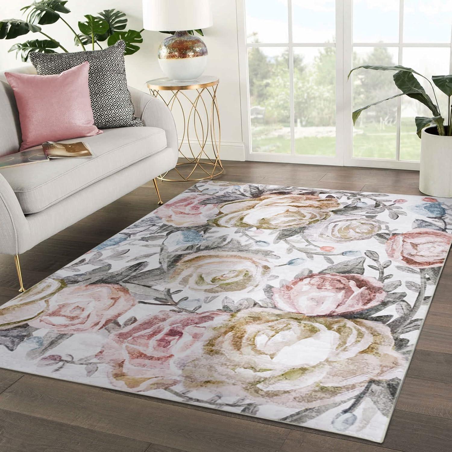 Ivory Floral Synthetic Washable Non-Slip Area Rug 66" x 42"