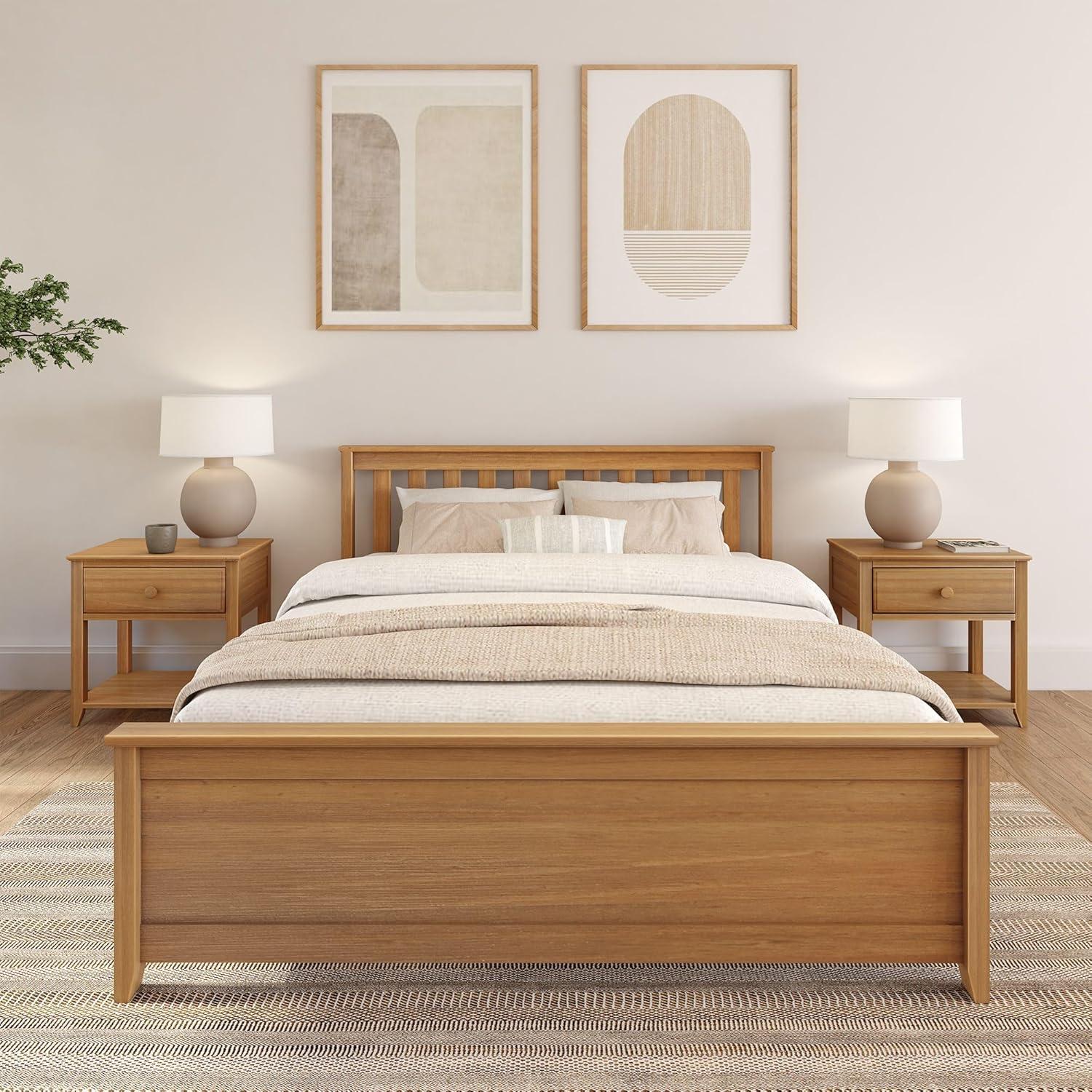 Plank+Beam Queen Bed Frame with Slatted Headboard Solid Wood Platform Bed, No box Spring Needed, Pecan