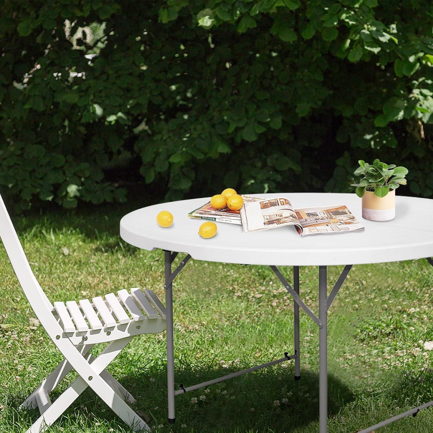 48-Inch White Round Folding Table with Steel Legs