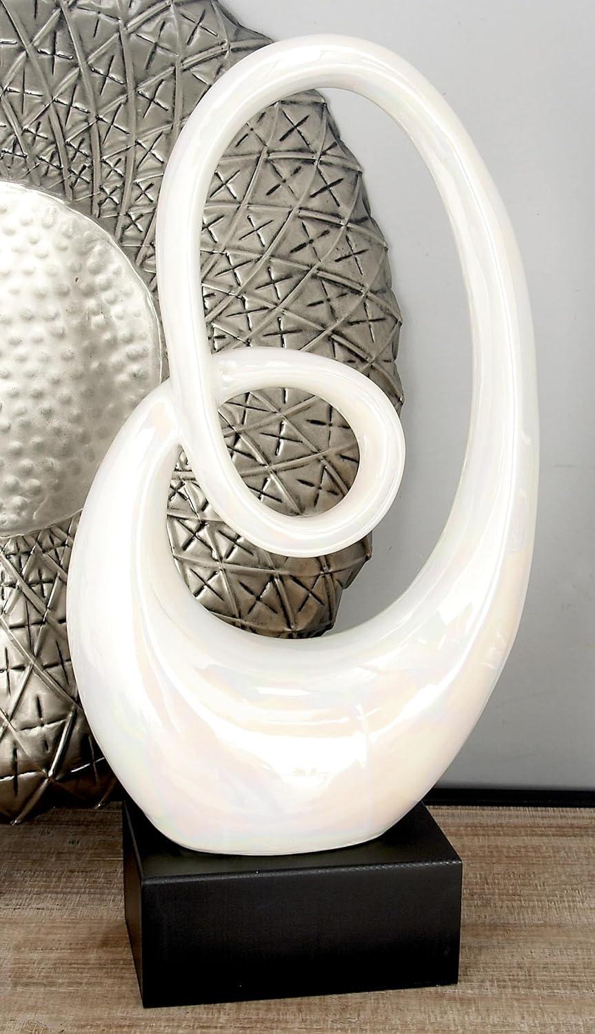 10" x 21" White Ceramic Swirl Abstract Sculpture with Black Base, by DecMode