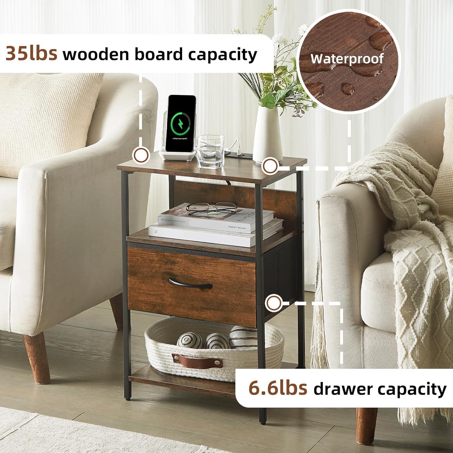 Somdot Bedside Table Set of 2 with Charging Station, LED and Storage Shelfs for Bedroom Living Room, Wood Grain Print