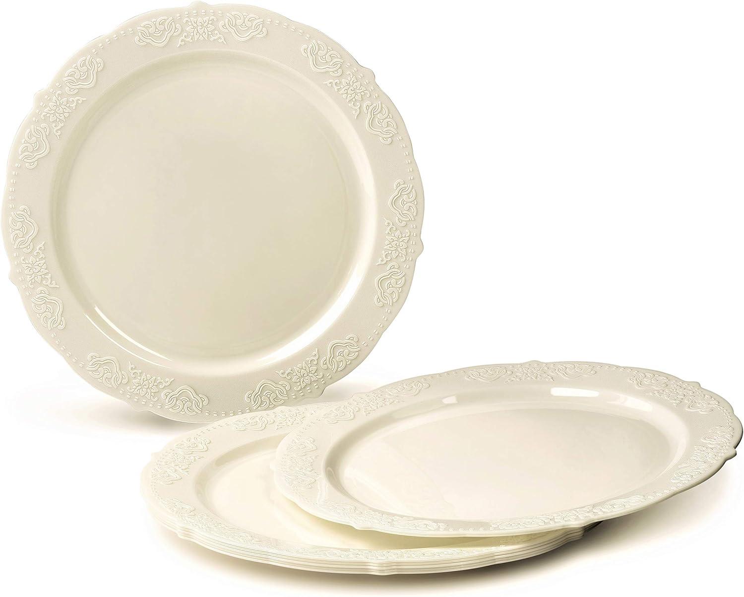 " OCCASIONS " 320 Piece set (40 Guests)-Vintage Wedding Party Disposable Plastic Plates & cutlery -40x10.25''+ 40x7.5'' +Gold Silverware + Gold rim Cups + Napkins (Portofino Plain Ivory)
