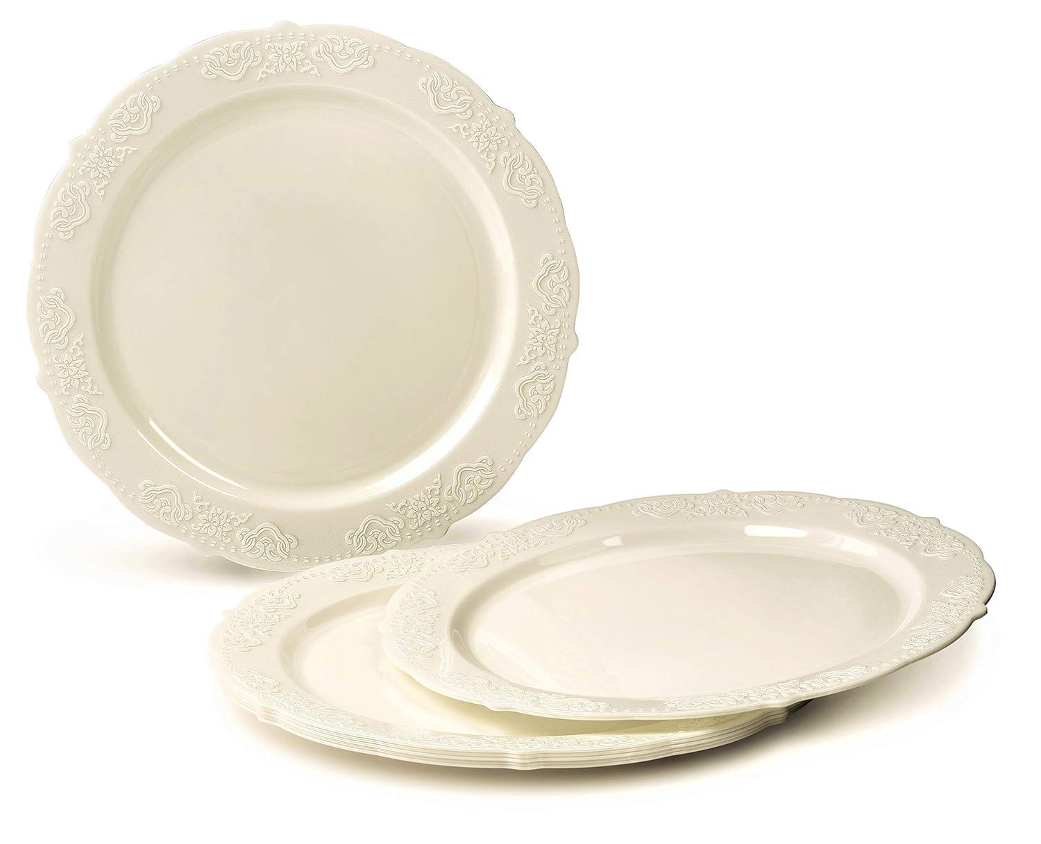 " OCCASIONS " 320 Piece set (40 Guests)-Vintage Wedding Party Disposable Plastic Plates & cutlery -40x10.25''+ 40x7.5'' +Gold Silverware + Gold rim Cups + Napkins (Portofino Plain Ivory)