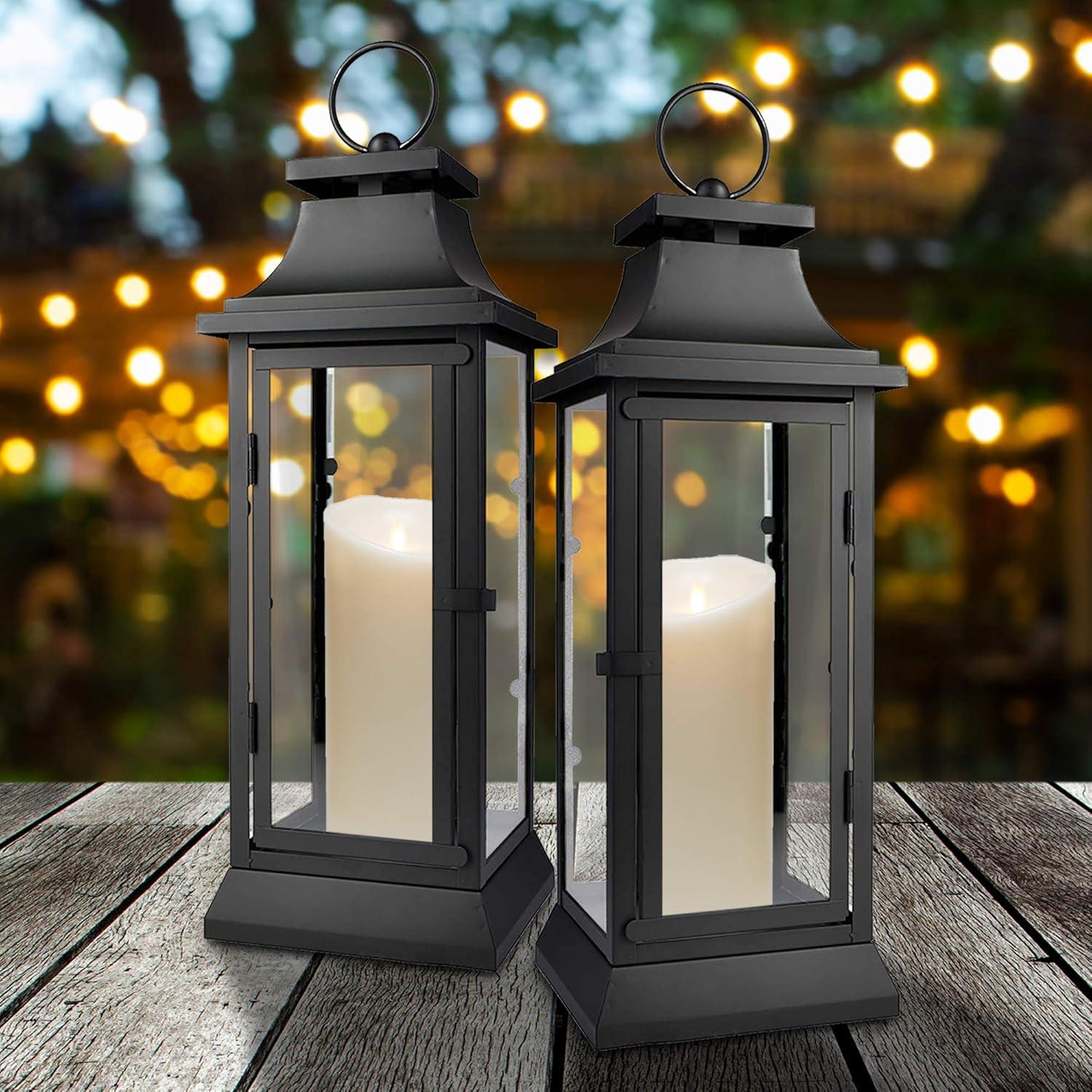 Small Black Iron Hurricane Lantern with Clear Glass Panels