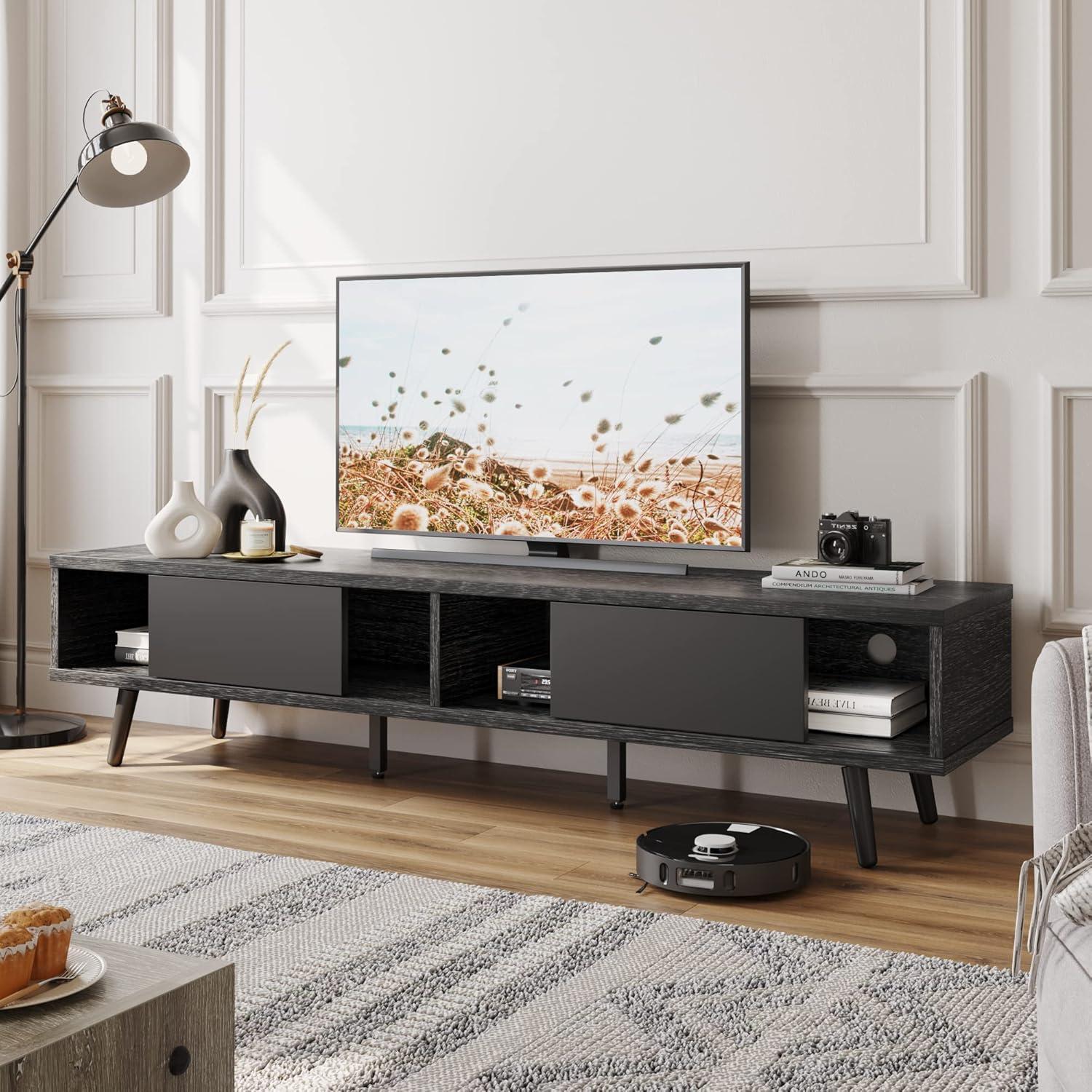 Bestier 70 inch Mid Century Modern TV Stand,Low Profile TV Console for 75 inch TV in Living Room,Black