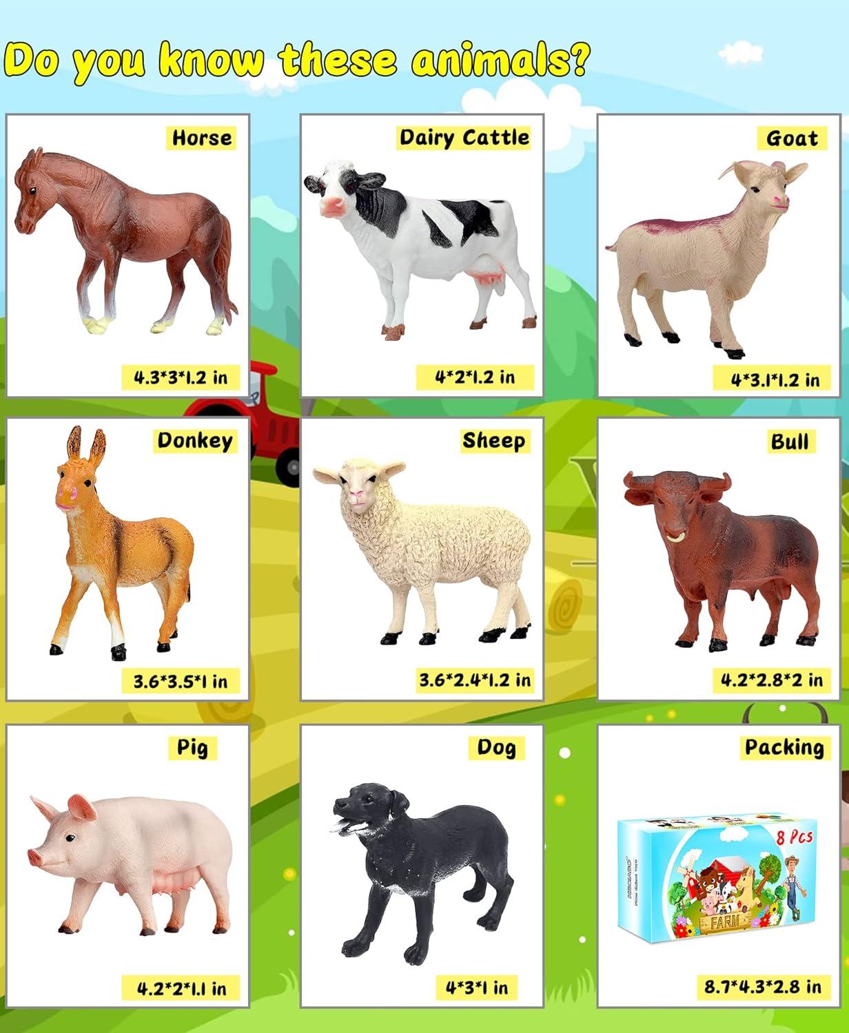 Animal Figurines, Big Animal Toys, 8 Pcs Farm Animals Figurines Toys, Realistic Plastic Animals Playset, Educational Learning Toy Set for Kids Toddlers