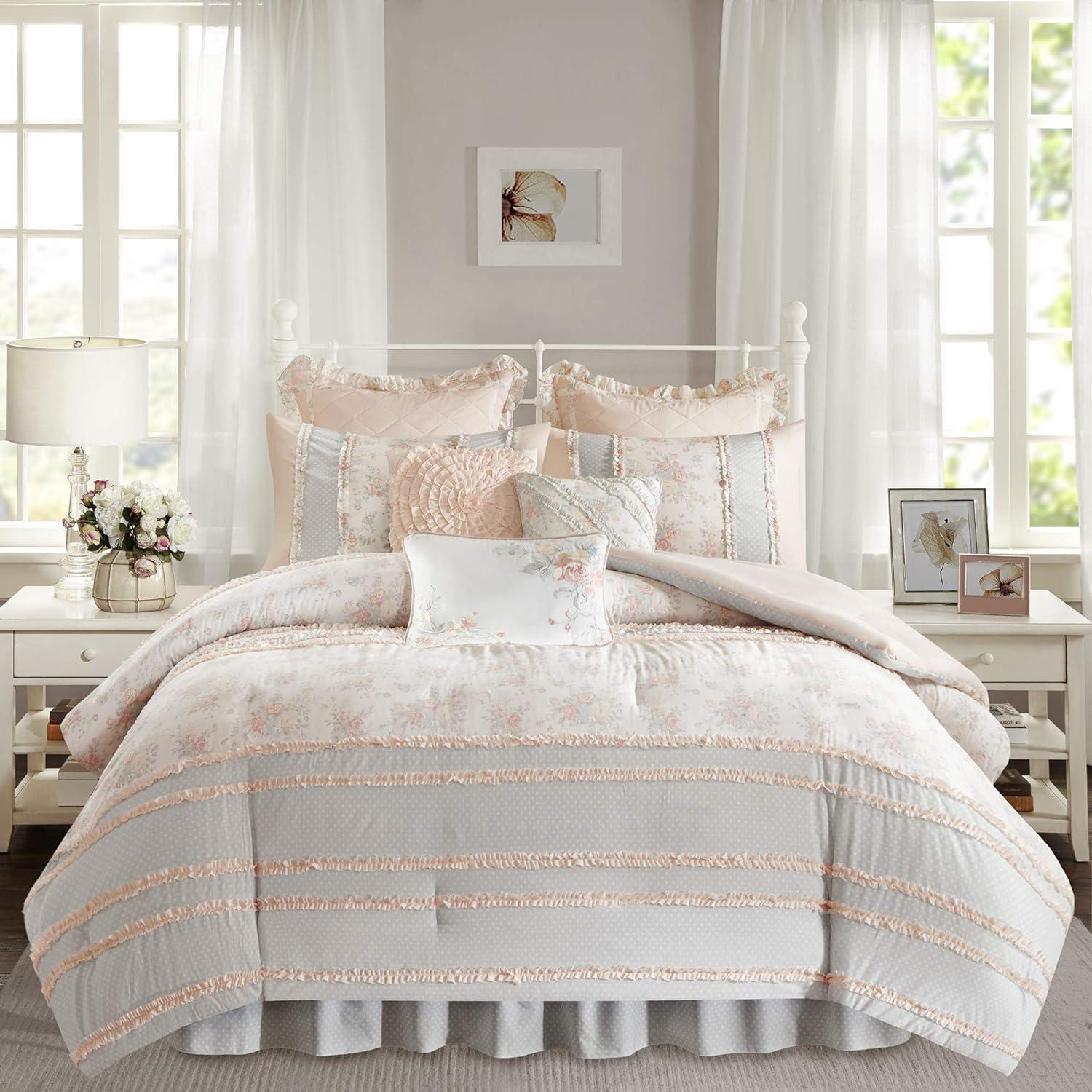 Serendipity Coral/White/Gray Microfiber Traditional Comforter Set