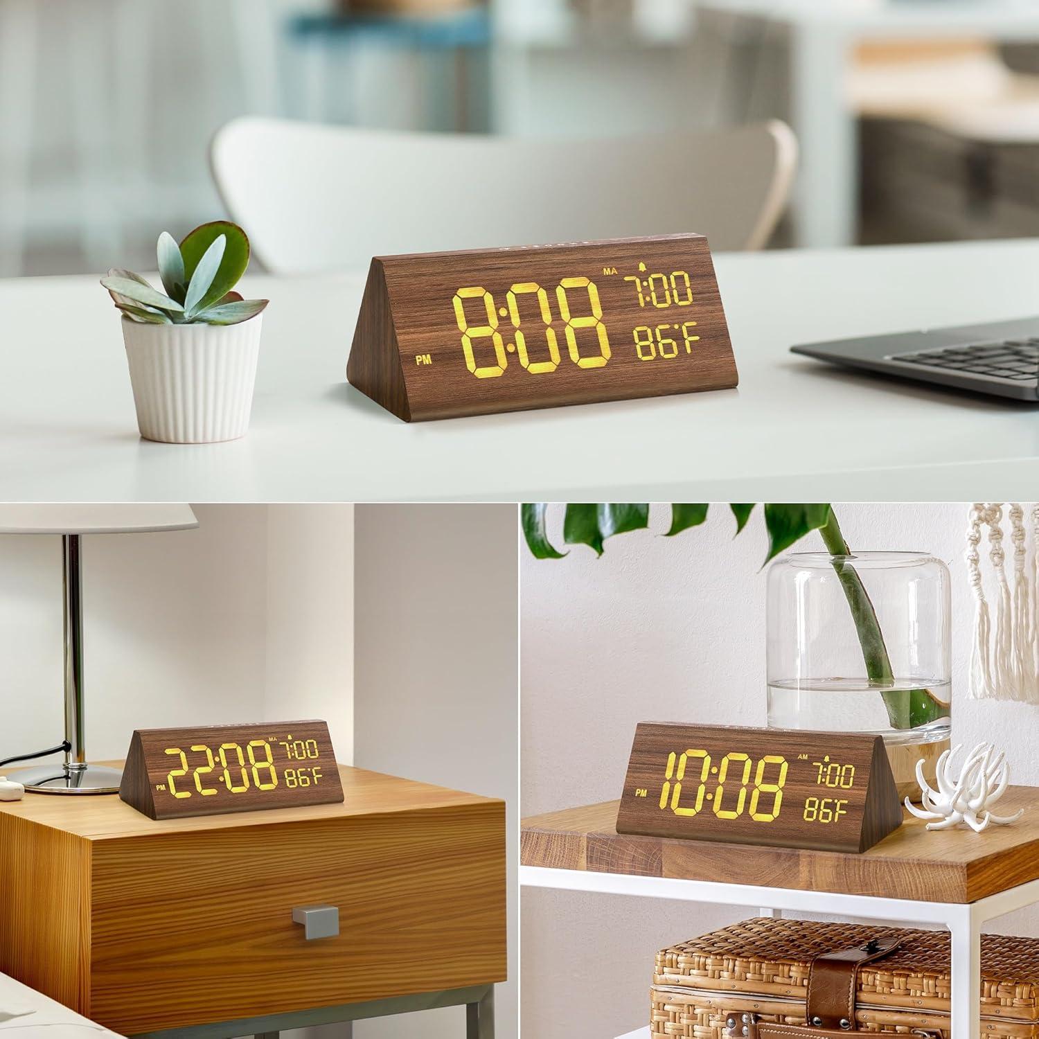 Digital Alarm Clock, with Wooden Electronic LED Time Display, Alarm Settings, Humidity & Temperature Detect, Wood Made Electric Clocks for Bedroom, Bedside,brown，G169865