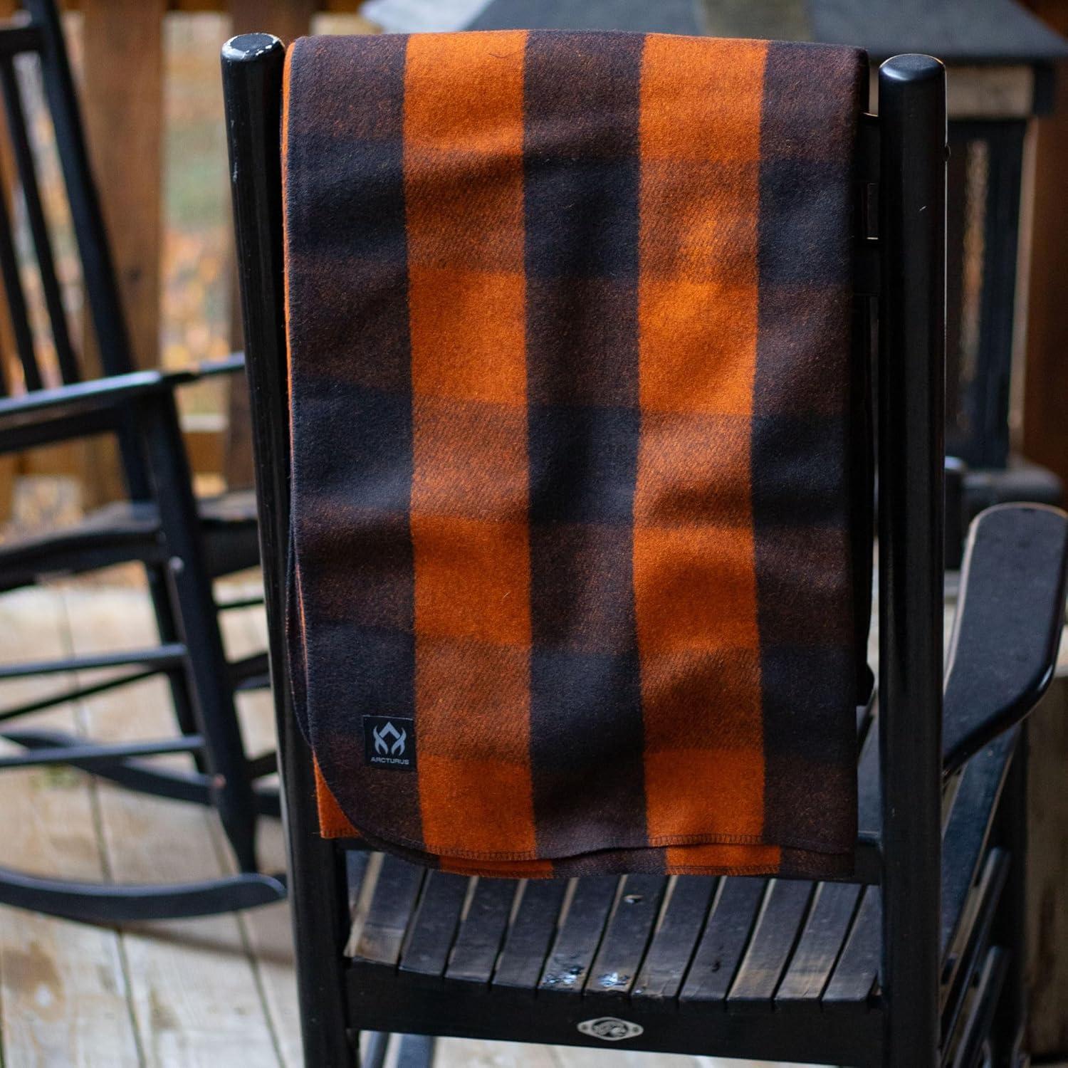 Large Orange Buffalo Plaid Wool Blanket, Machine Washable