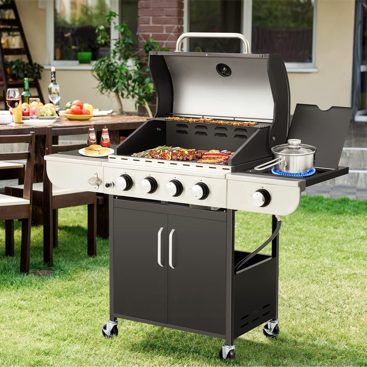 Yoleny 4 Burner BBQ Propane Gas Grill，24,000/36,000 BTU Stainless Steel with Stove and Side Table