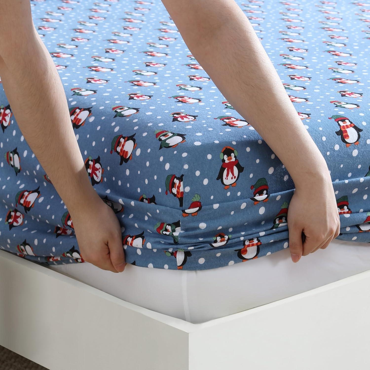 Winter Nights Cotton Flannel Sheet Set, Queen, Penguins