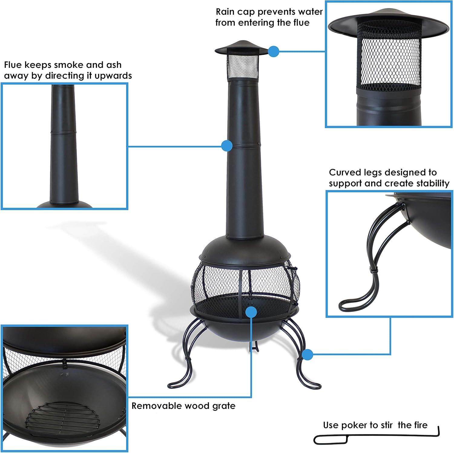 66" Black Steel Wood-Burning Outdoor Chiminea with Rain Cap