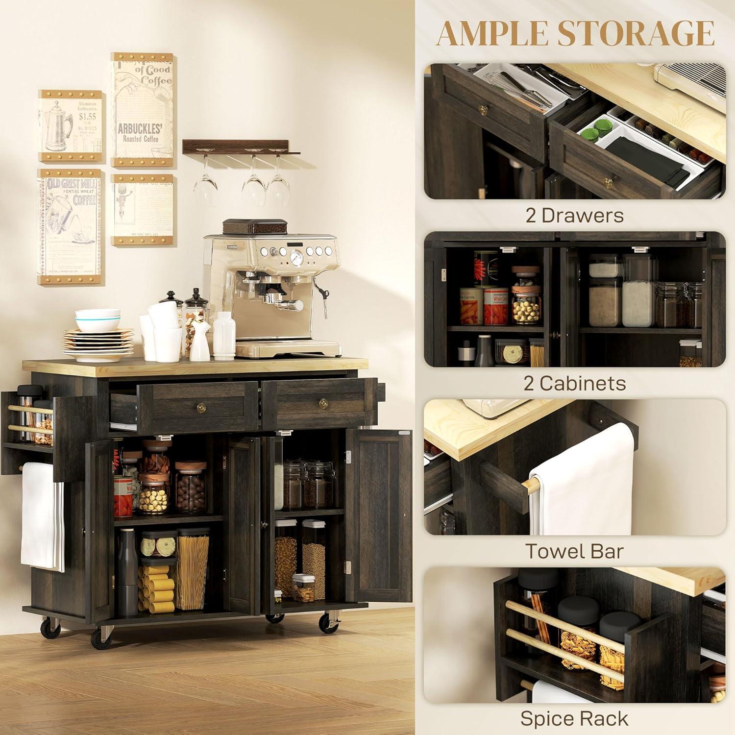 HOMCOM Kitchen Island on Wheels, Rolling Cart with Rubber Wood Top, Spice Rack, Towel Rack & Drawers for Dining Room, Black