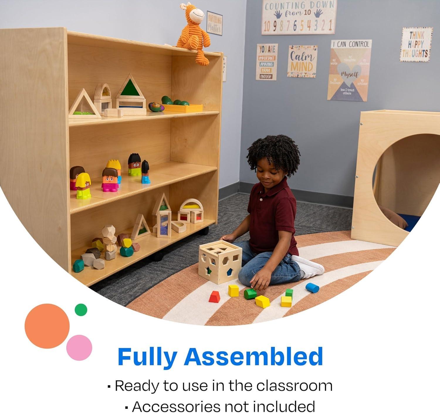 Childcraft Mobile Open Shelving Unit for Classrooms, 3-Shelf Wooden Book and Toy Organizer Bookcase, 47-3/4 x 14-1/4 x 42 Inches