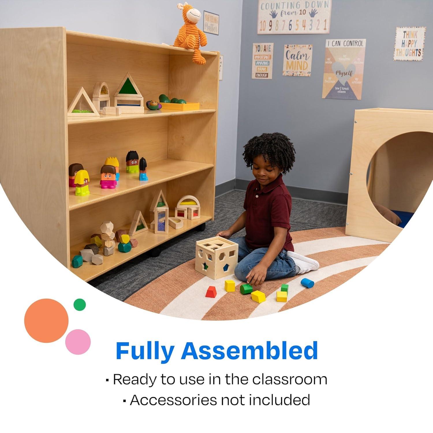 Childcraft Mobile Open Shelving Unit for Classrooms, 3-Shelf Wooden Book and Toy Organizer Bookcase, 47-3/4 x 14-1/4 x 42 Inches