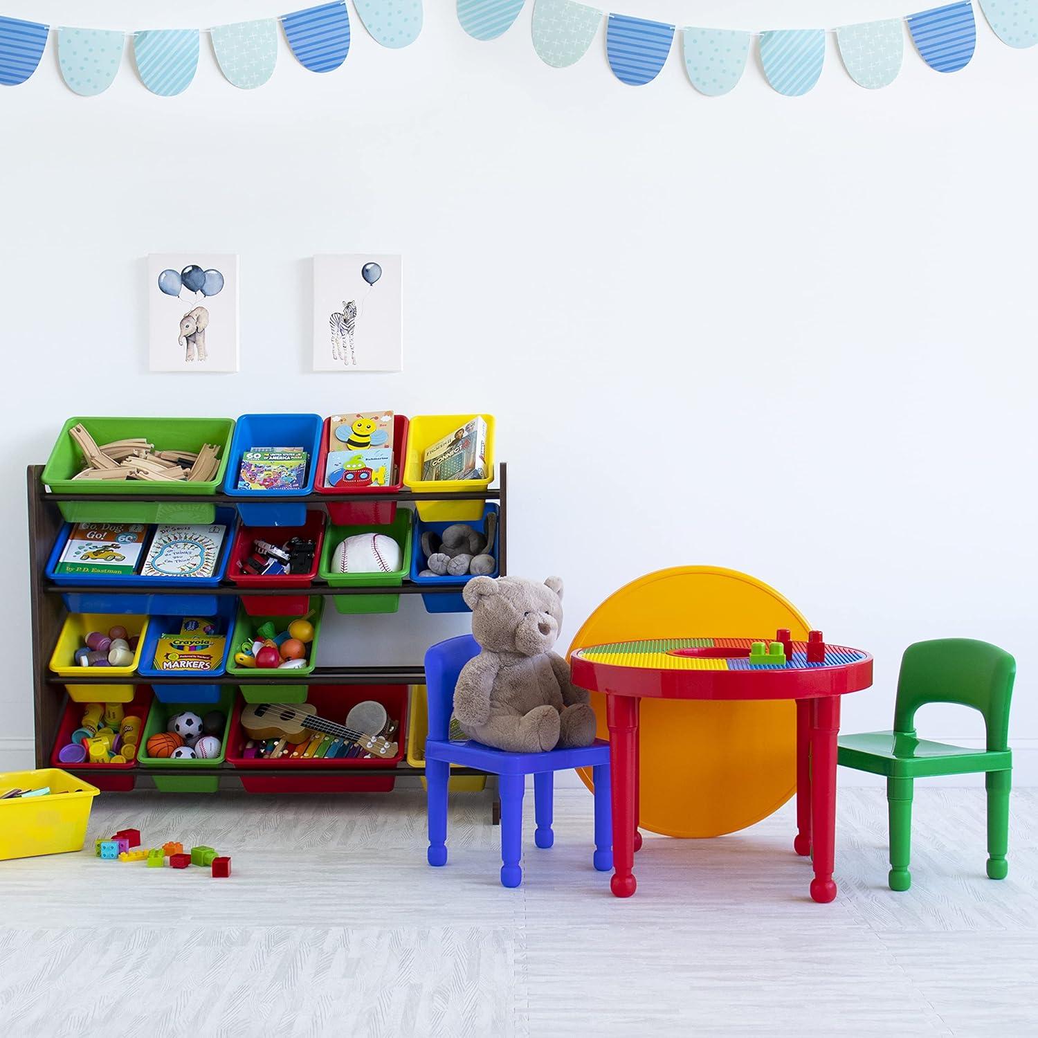 Walnut and Primary Colors Kids' Toy Storage Organizer with 16 Bins