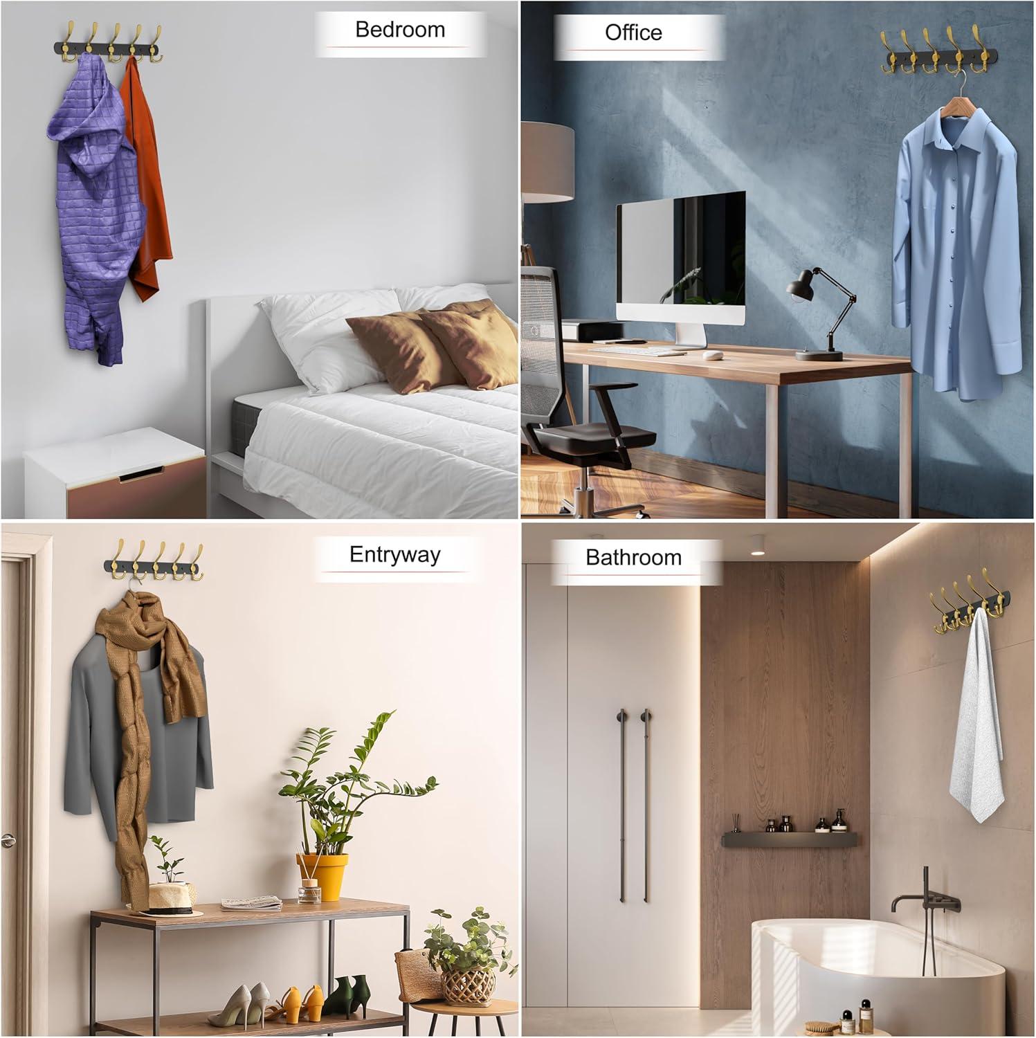 Black and Gold Coat Rack Wall Mounted - 16 Inch Heavy Duty Stainless Steel Matte Finish Wall Hook Rack - 5 Tri Coat Hooks for Hanging Towels, Bags, Hat - Bathroom Entryway - 2 Pack