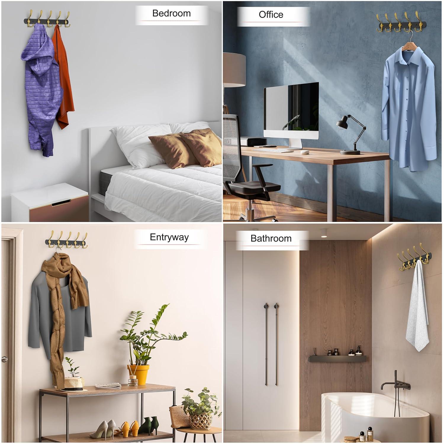 Black and Gold Coat Rack Wall Mounted - 16 Inch Heavy Duty Stainless Steel Matte Finish Wall Hook Rack - 5 Tri Coat Hooks for Hanging Towels, Bags, Hat - Bathroom Entryway - 2 Pack