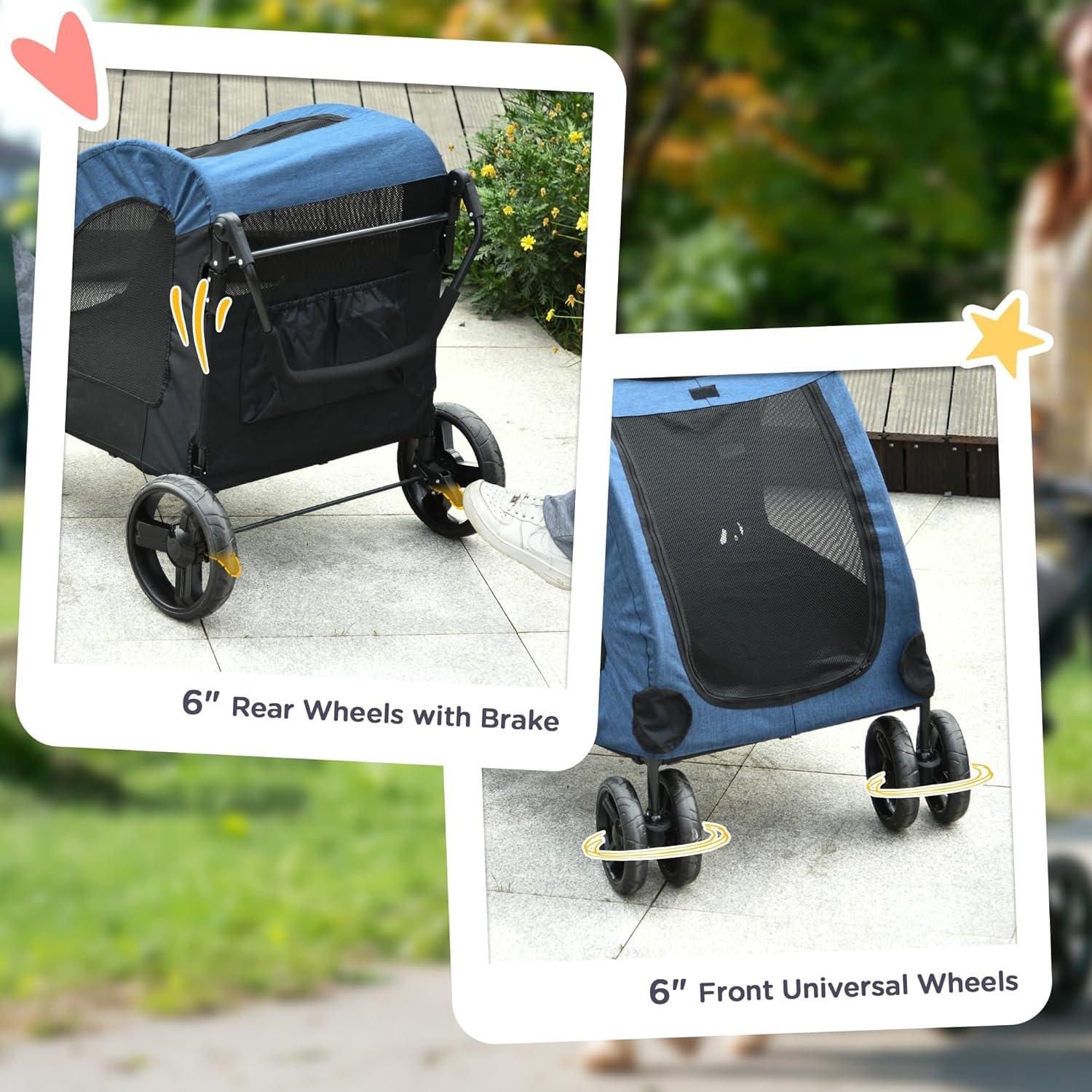 PawHut Pet Stroller Universal Wheel with Storage Basket Ventilated Foldable Oxford Fabric for Medium Size Dogs