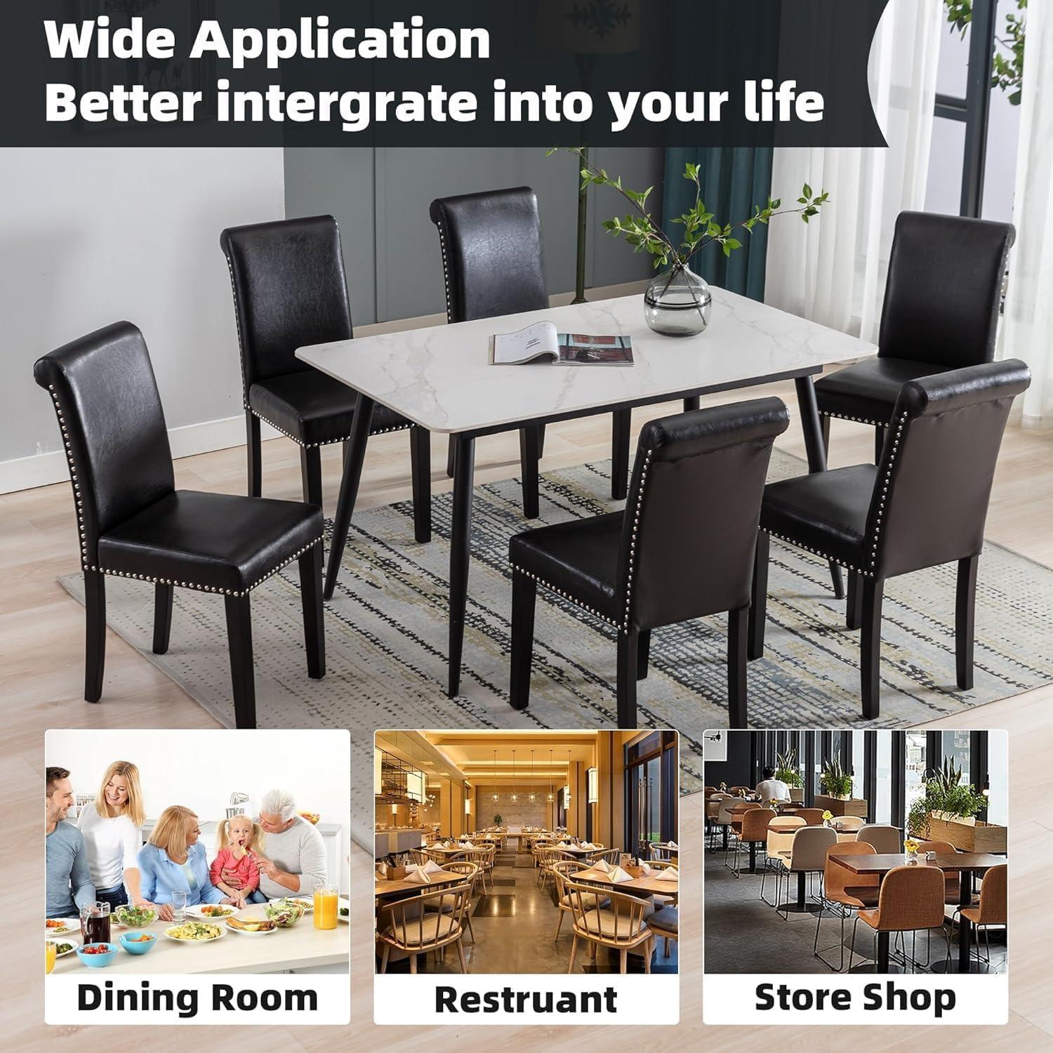 Westice Dining Room Chairs Set of 6 Upholstered PU Leather Kitchen Chairs Dining Room Side Chair with Nailhead Trim and Rubber Wood Legs for Small Space Apartment, Brown