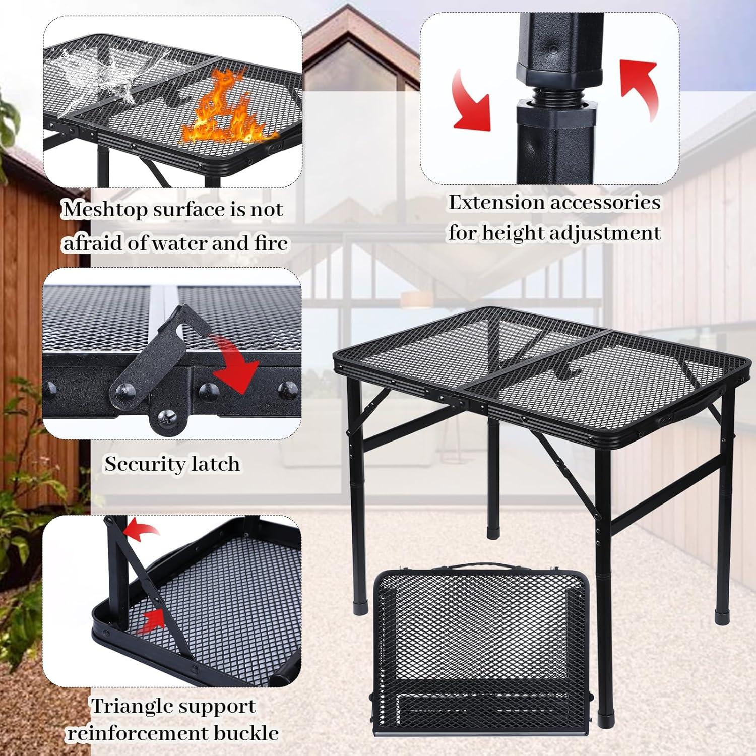 Folding Grill Table Camping Table with Mesh Desktop, Lightweight & Portable Outdoor Picnic Table, Height Adjustable Portable Grill Table for Outside Inside Use