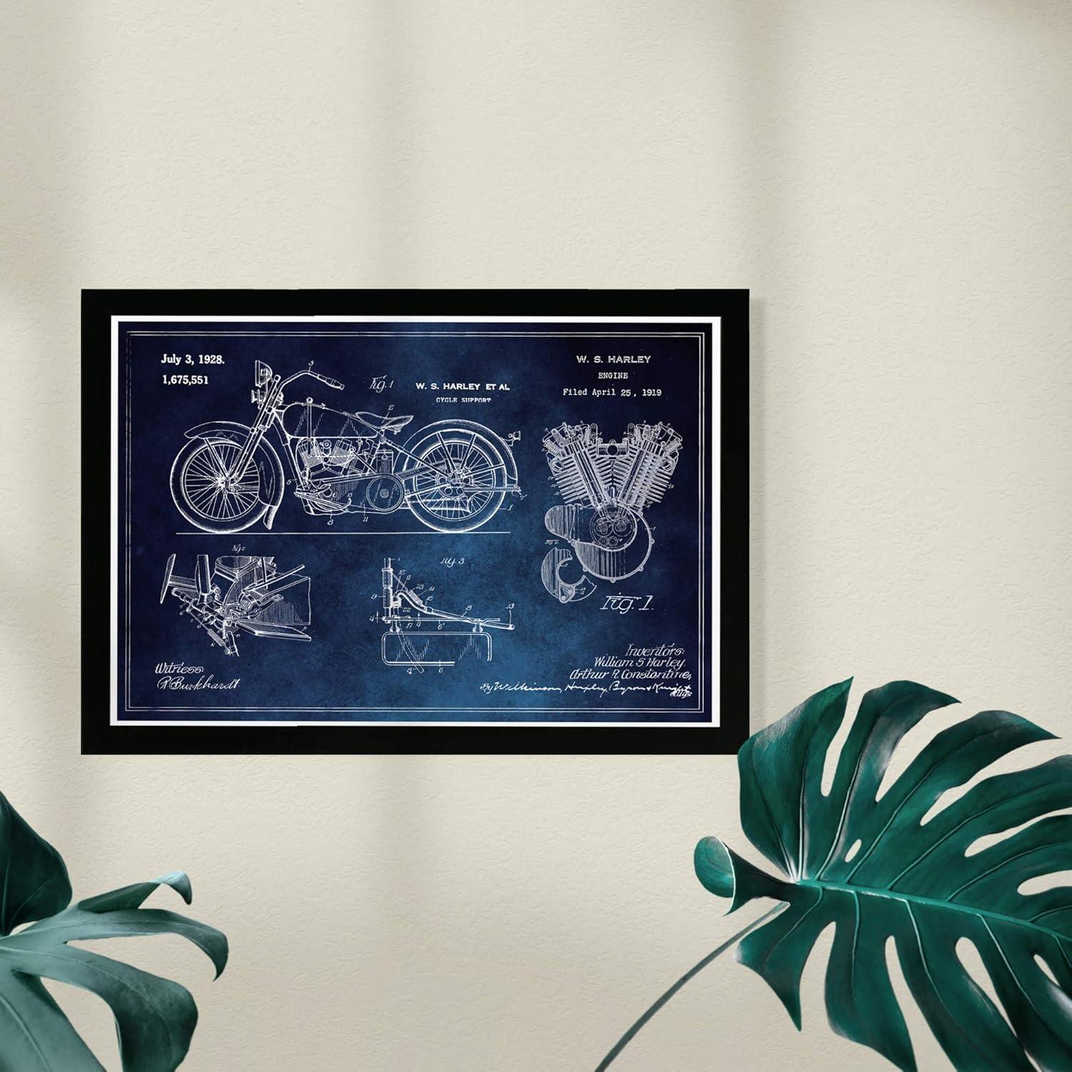 Wynwood Studio 21"x15" Harley Engine 1923 Horiz Blue Chalkboard Wall Art Black Frame: Modern Decor, Wood Composite