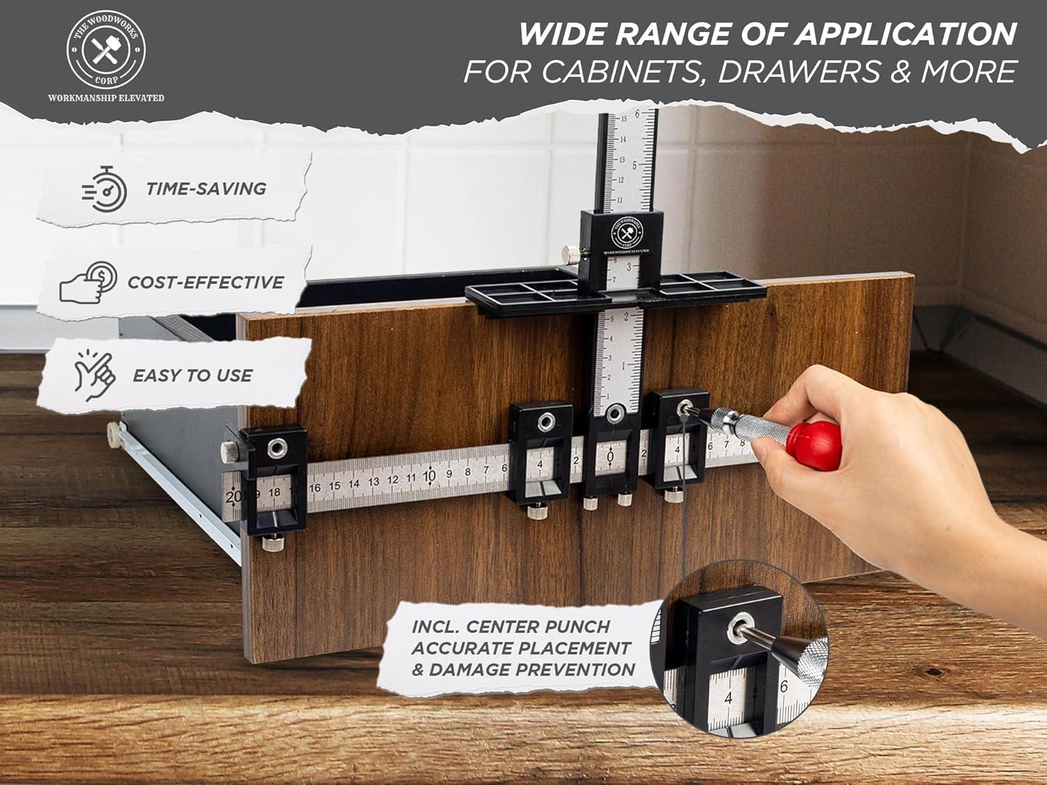 The Woodworks Corp Cabinet Hardware Jig Tool - Precise Drilling Cabinet Handle Jig - Adjustable Cabinet Jig - Perfect for Kitchen Handles - Jig for Handles and Pulls C57
