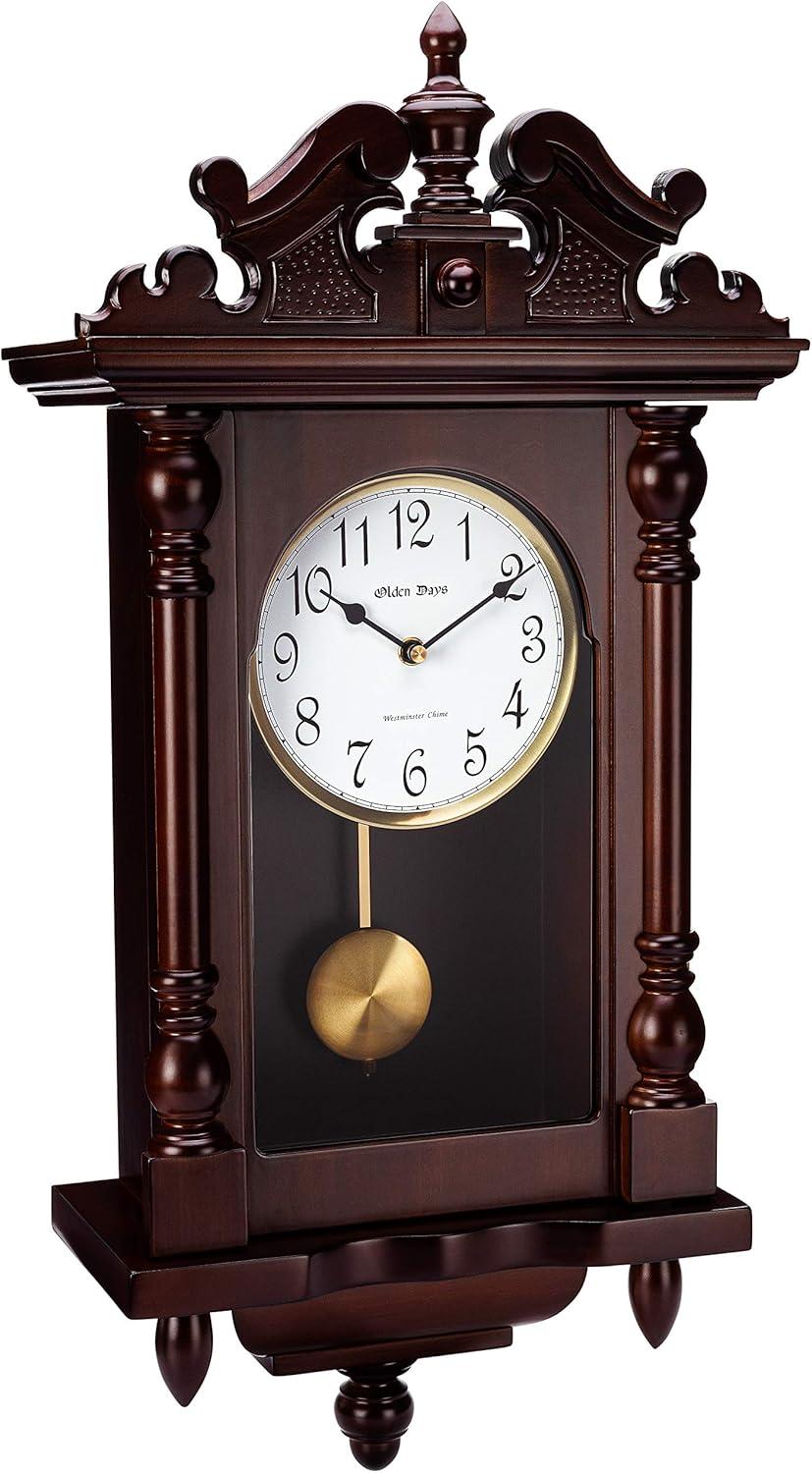 Olden Days Wall Clock with Real Wood, 4 Chime Options, Swinging Pendulum, Antique Vintage Design, 22" Large