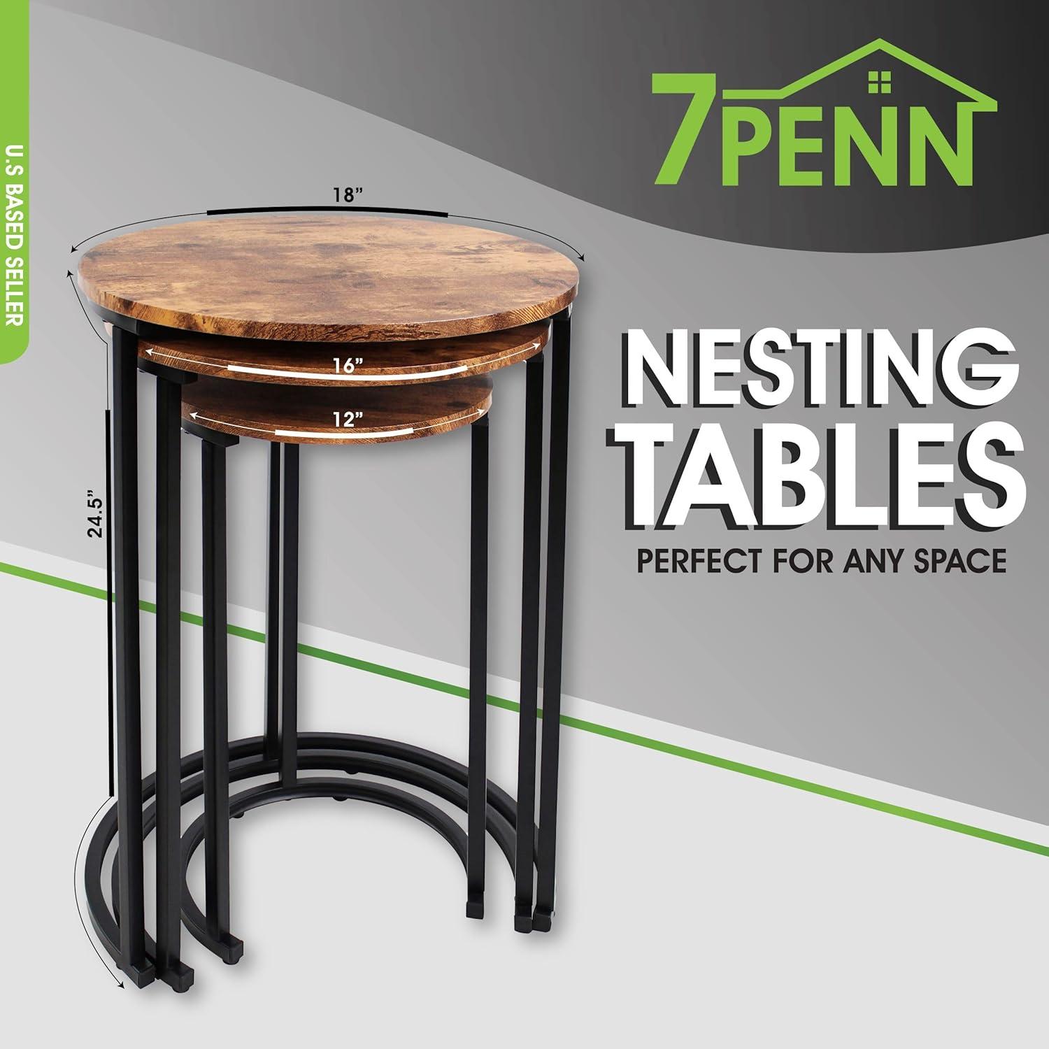 7Penn Round Nesting Tables Set of 3 - Wood Accent Small Coffee Tables